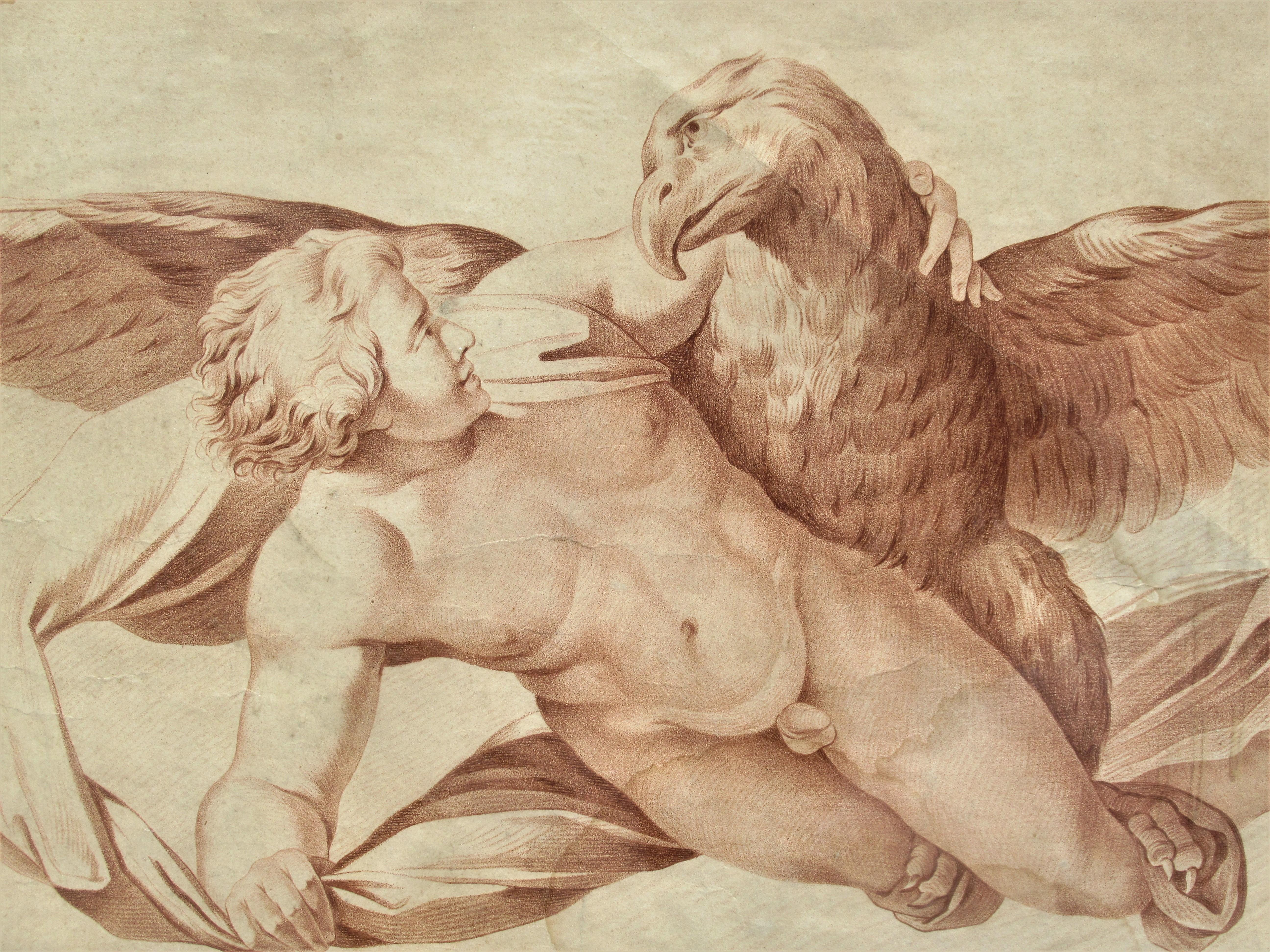 18th Century French Sepia Engraving Putto and Eagle 4