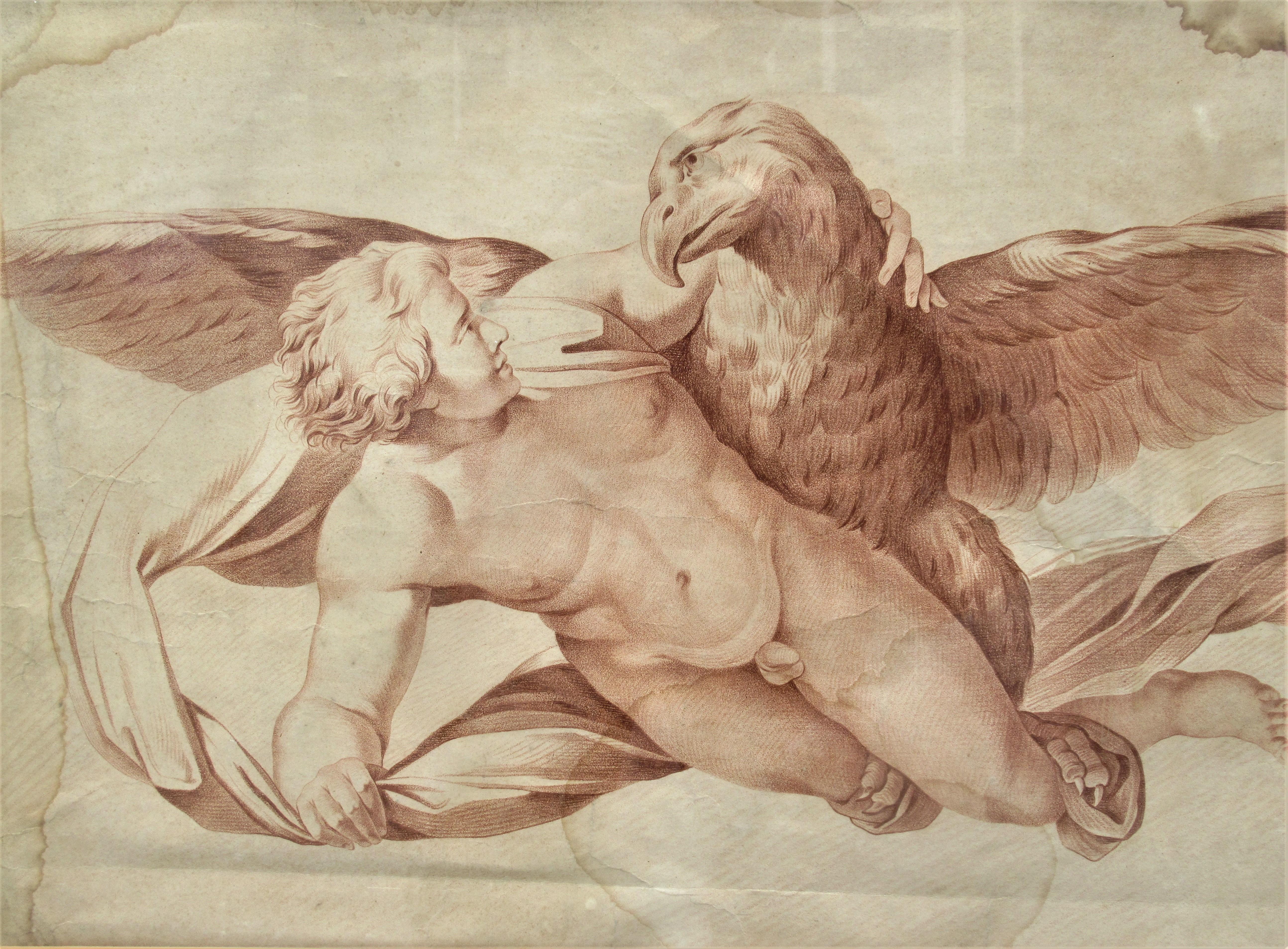 18th Century and Earlier 18th Century French Sepia Engraving Putto and Eagle