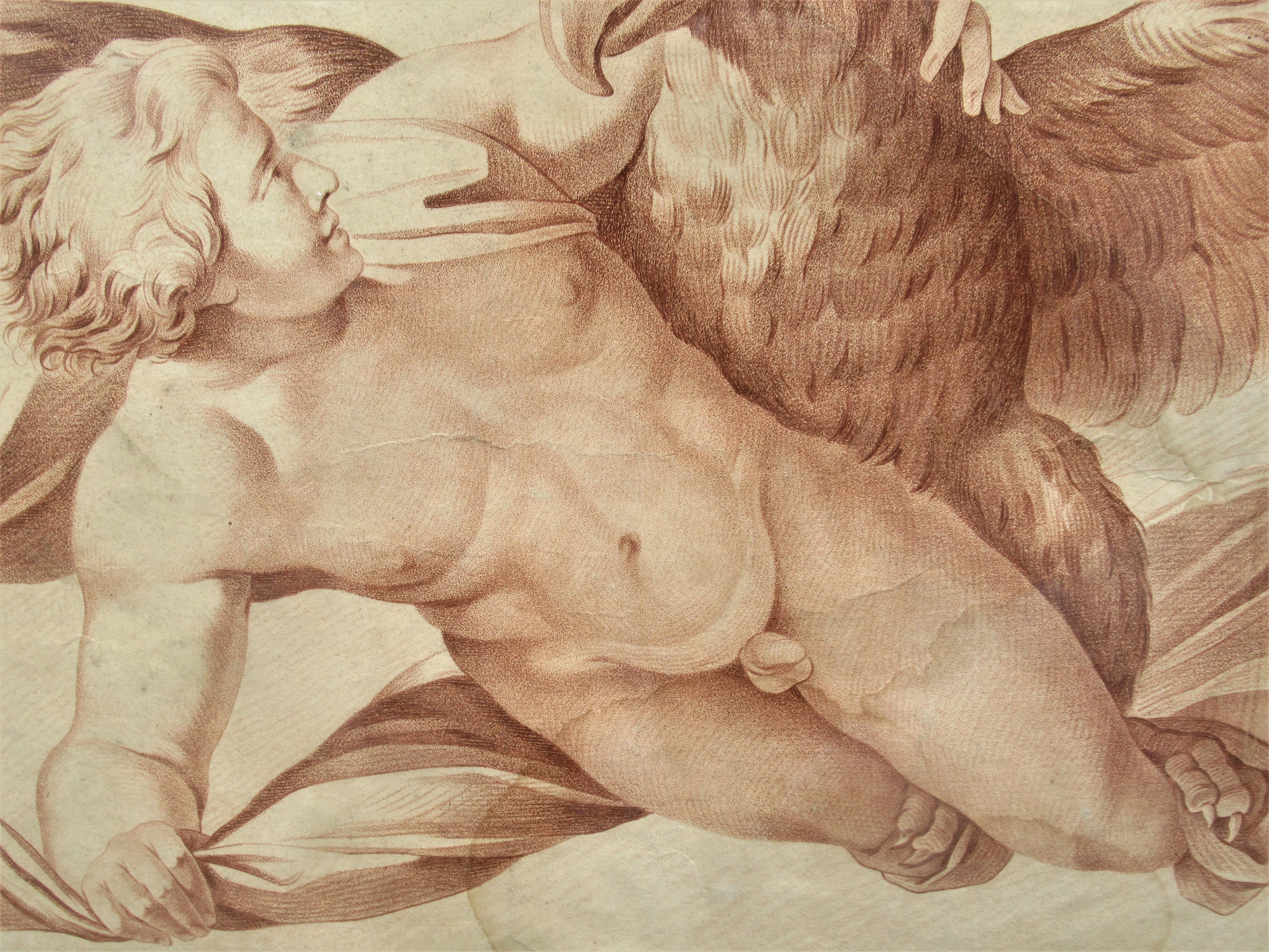 18th Century French Sepia Engraving Putto and Eagle 1