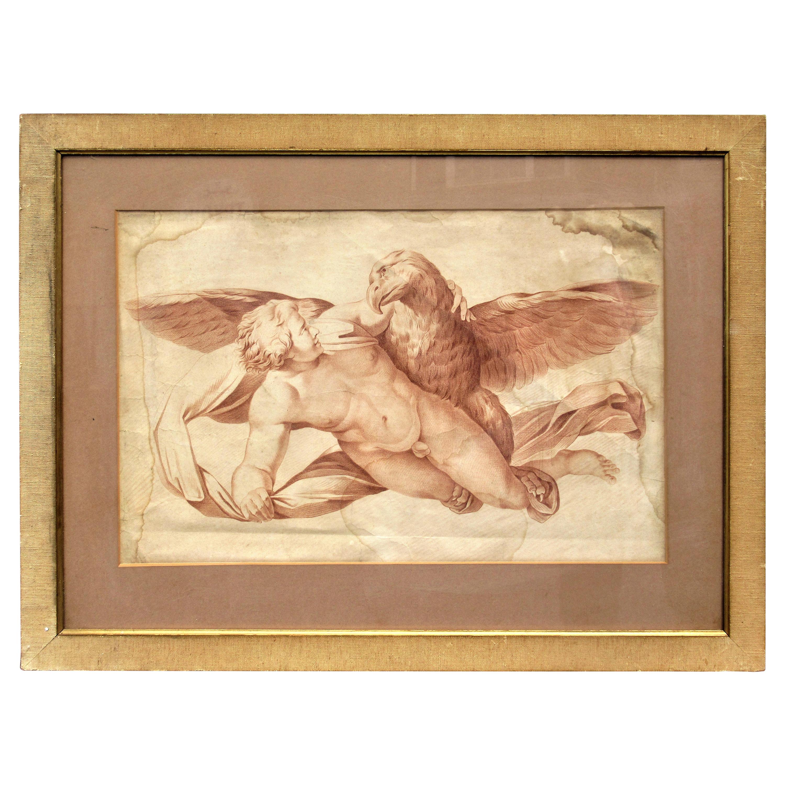 18th Century French Sepia Engraving Putto and Eagle