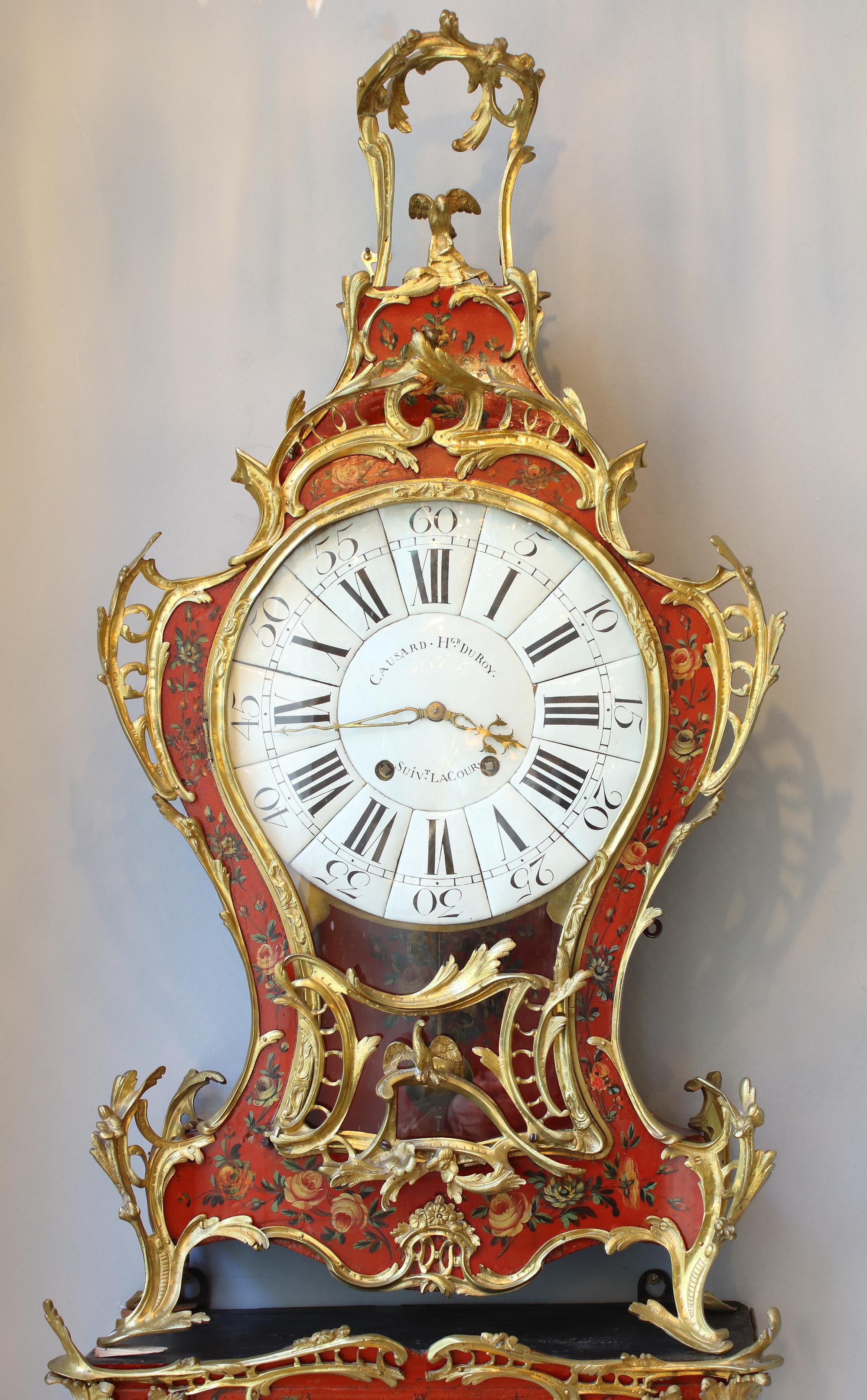 Louis XV 18th Century French Large Vernis Martin Gilt Bronze Cartel Clock and Console For Sale