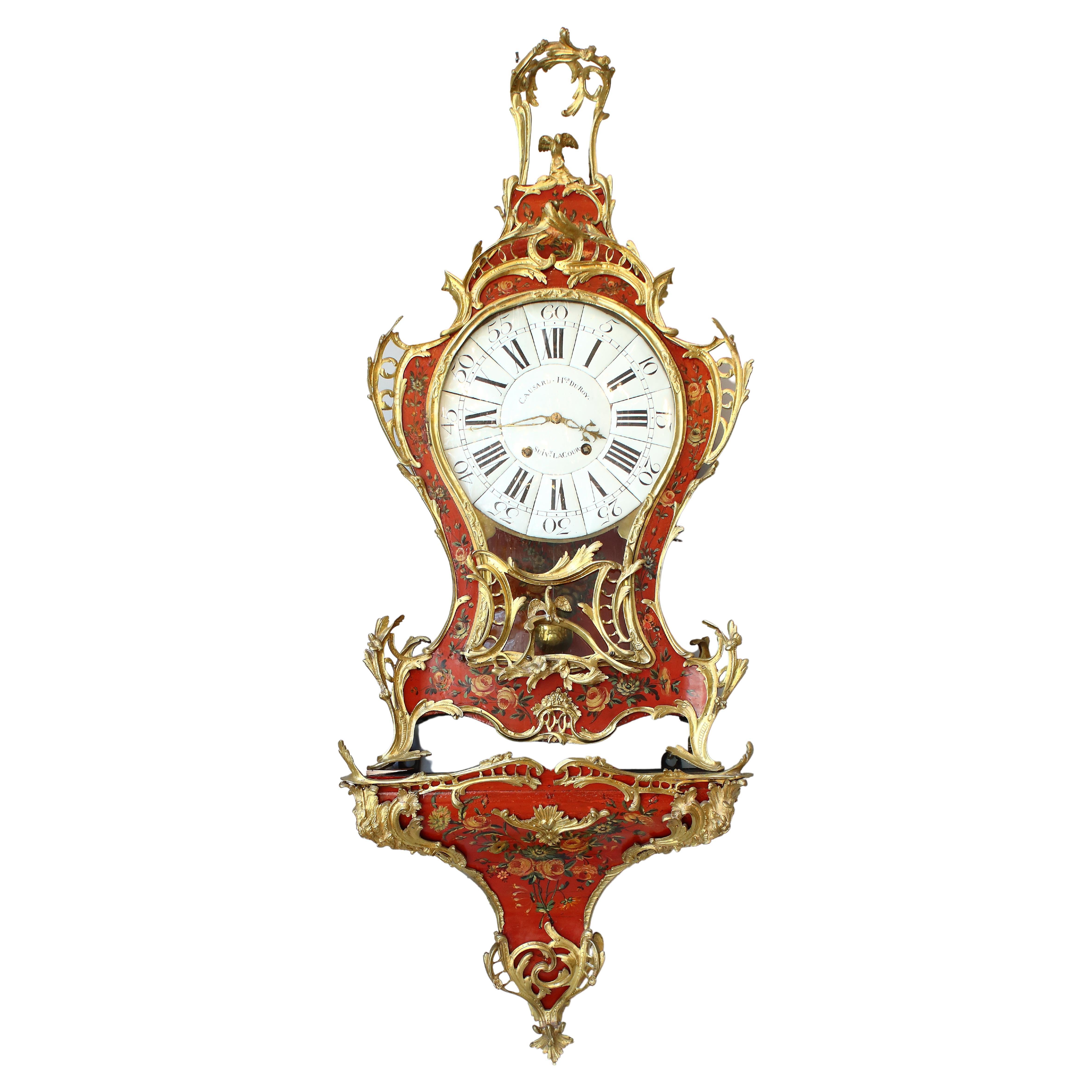 18th Century French Large Vernis Martin Gilt Bronze Cartel Clock and Console For Sale