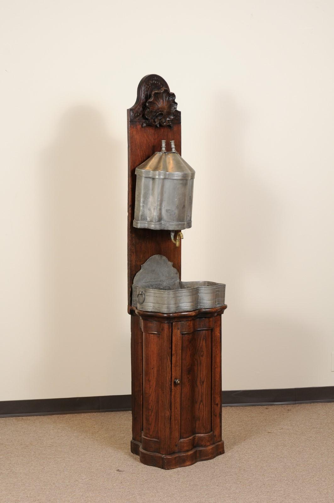 Hand-Carved 18th Century French Lavabo in Oak & Pewter For Sale