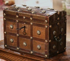 18th Century French Louis XIII Brass Iron and Wood Decorative Box Trunk Safe