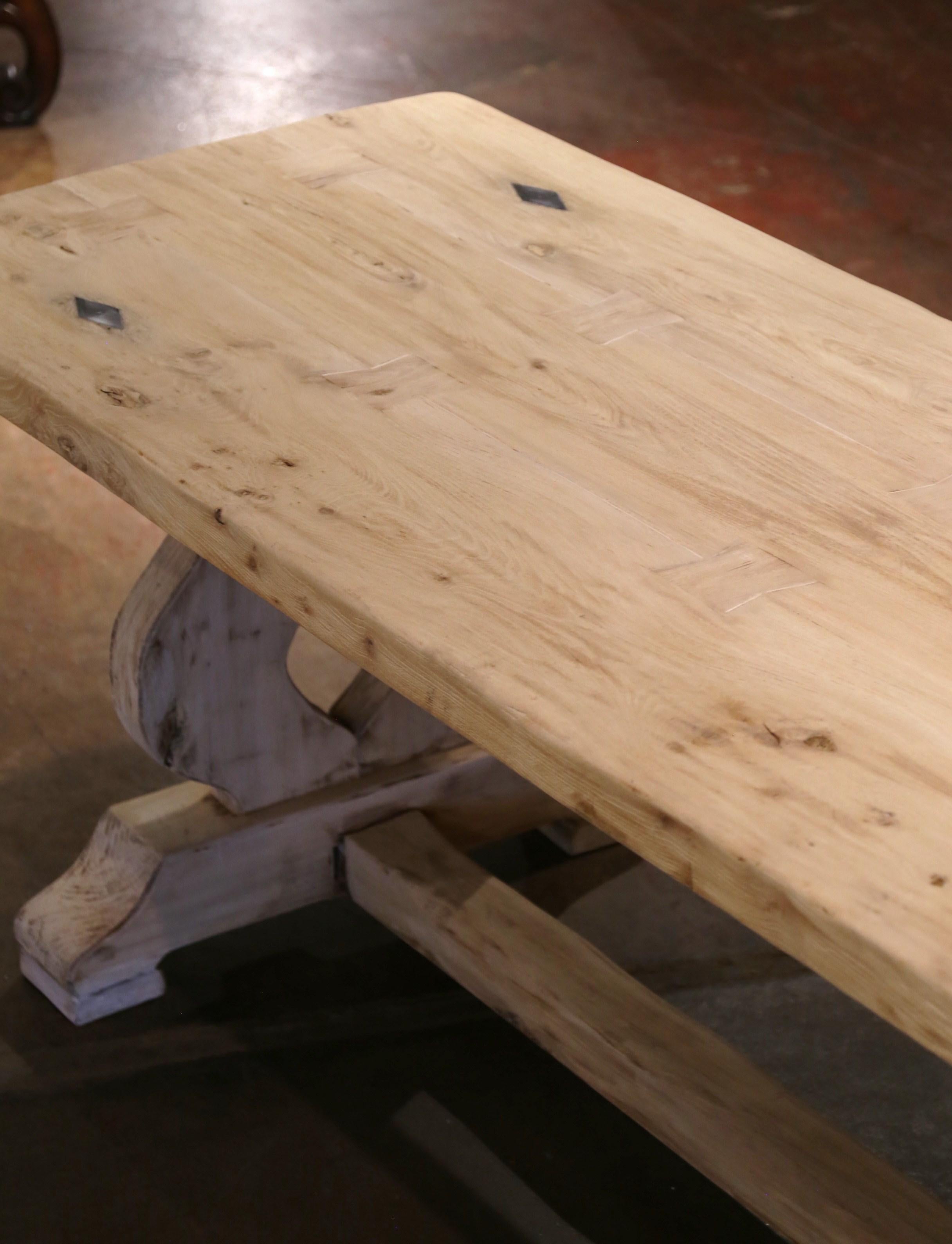 18th Century French Louis XIII Carved Bleached Oak Refectory Trestle Table In Excellent Condition In Dallas, TX