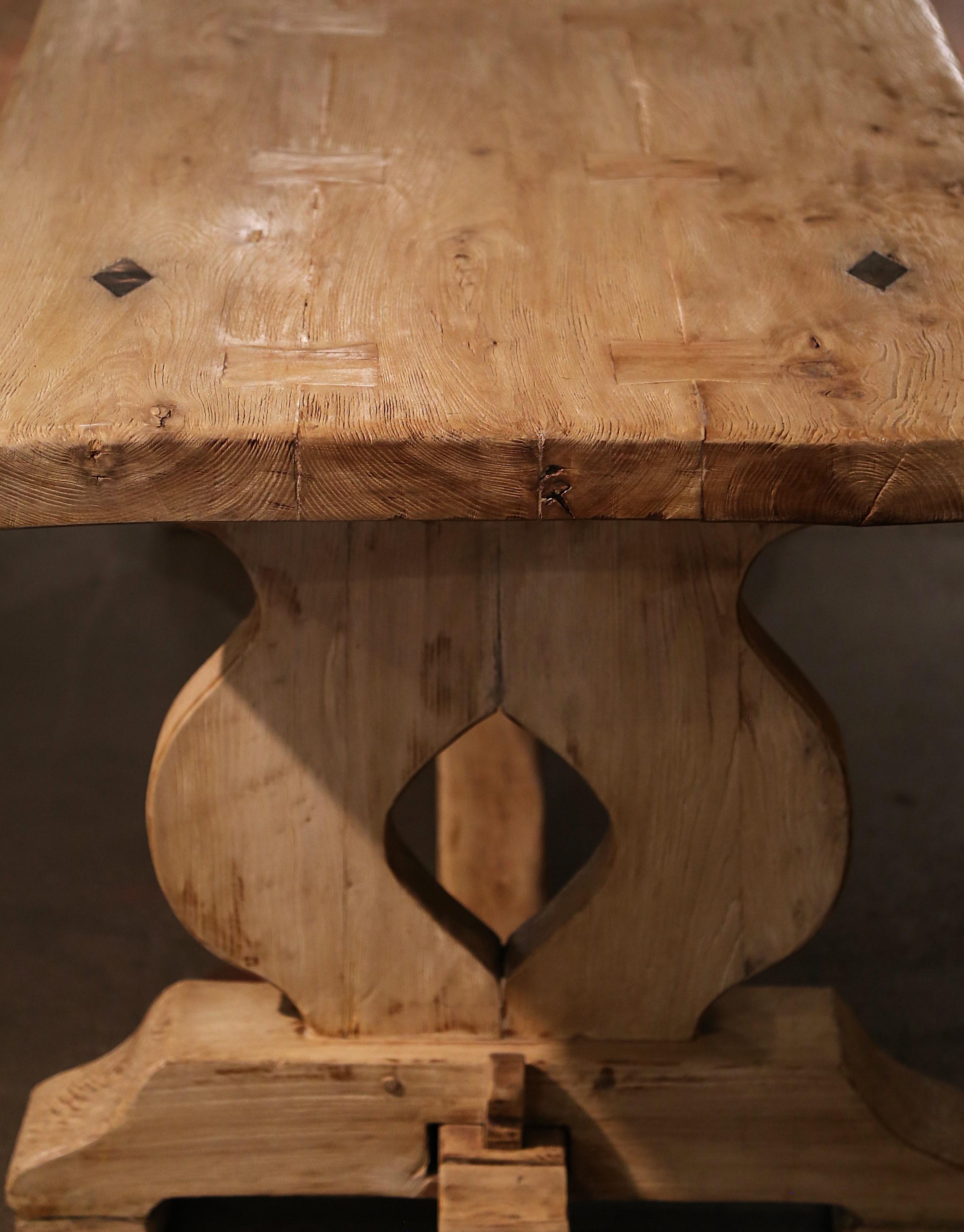 18th Century French Louis XIII Carved Bleached Oak Refectory Trestle Table In Excellent Condition In Dallas, TX