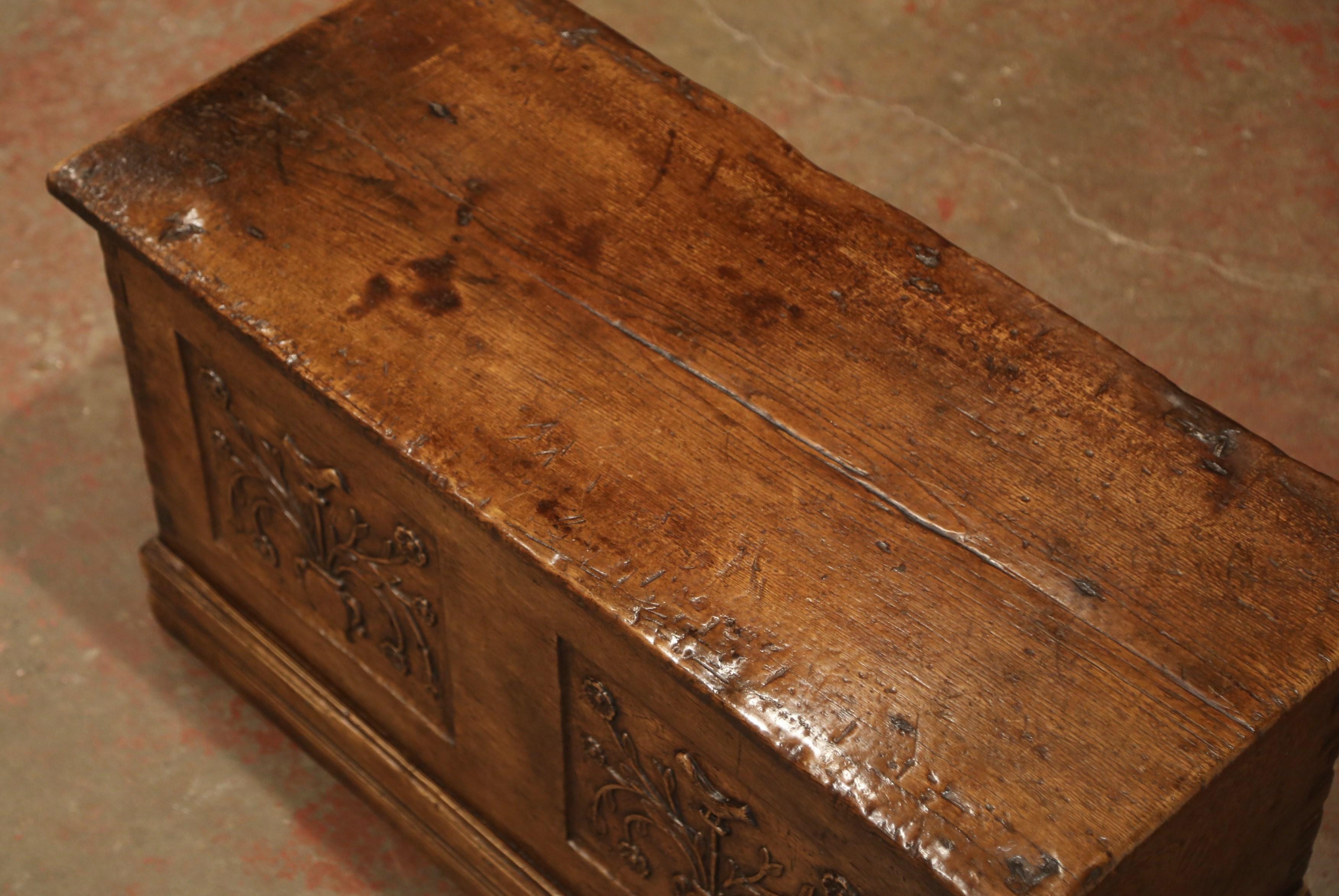 Hand-Carved 18th Century French Louis XIII Carved Chestnut Coffer Trunk from the Pyrenees