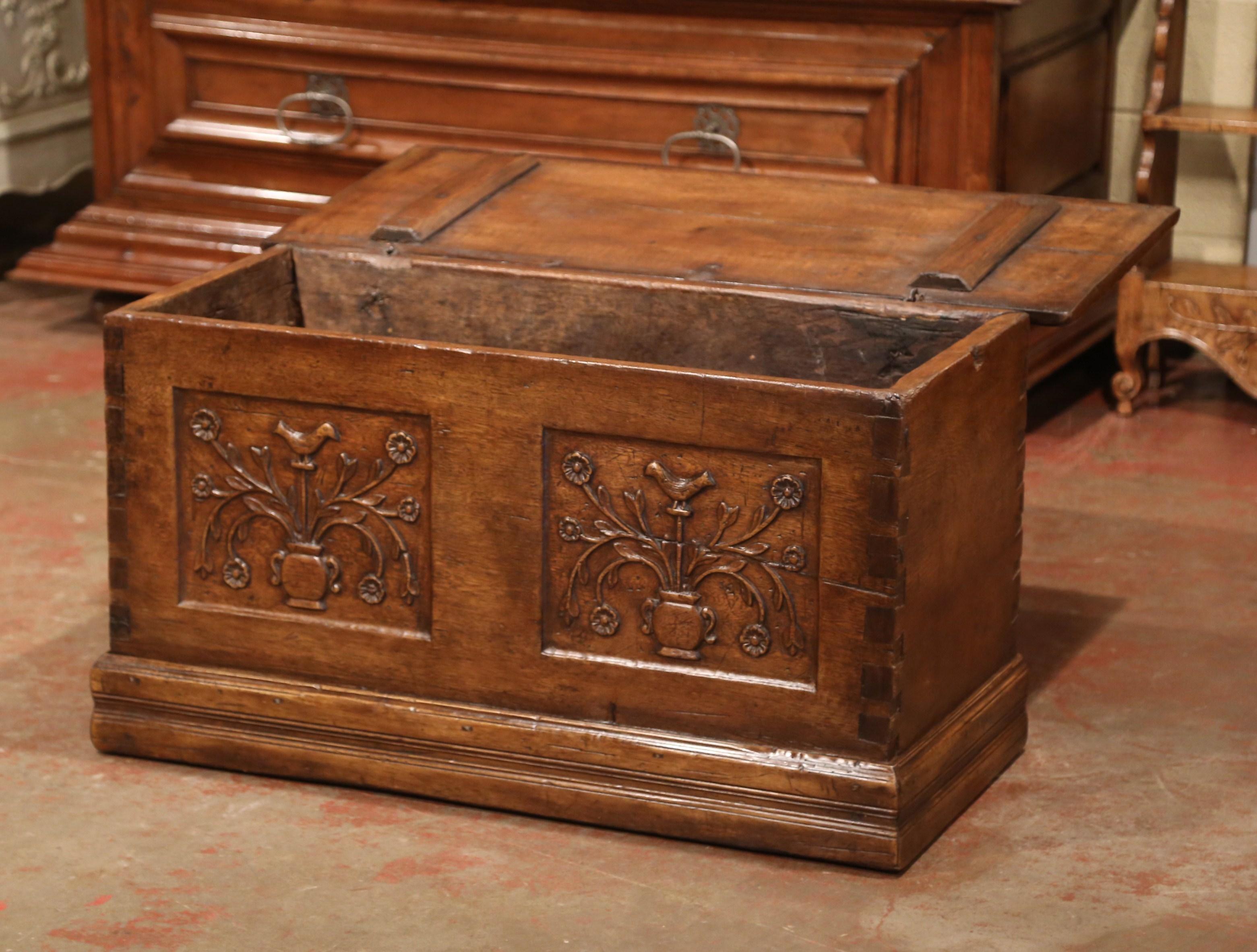 18th Century French Louis XIII Carved Chestnut Coffer Trunk from the Pyrenees In Excellent Condition In Dallas, TX