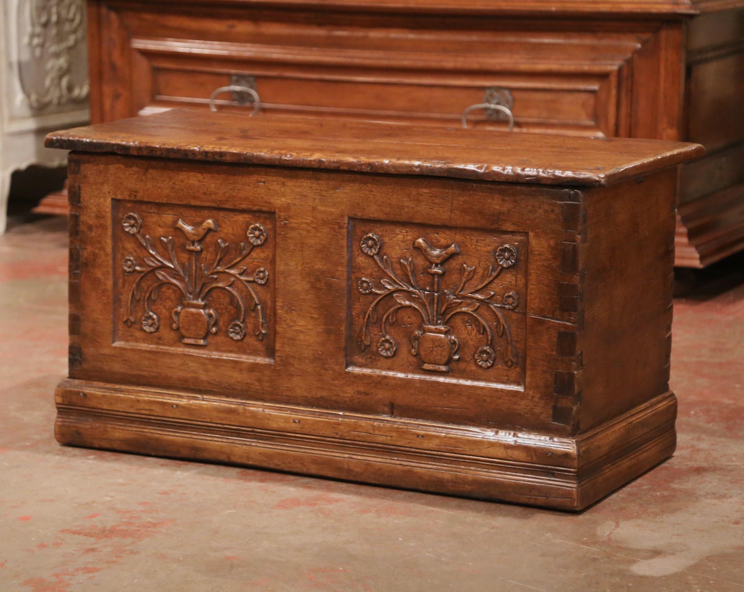18th Century French Louis XIII Carved Chestnut Coffer Trunk from the Pyrenees 1