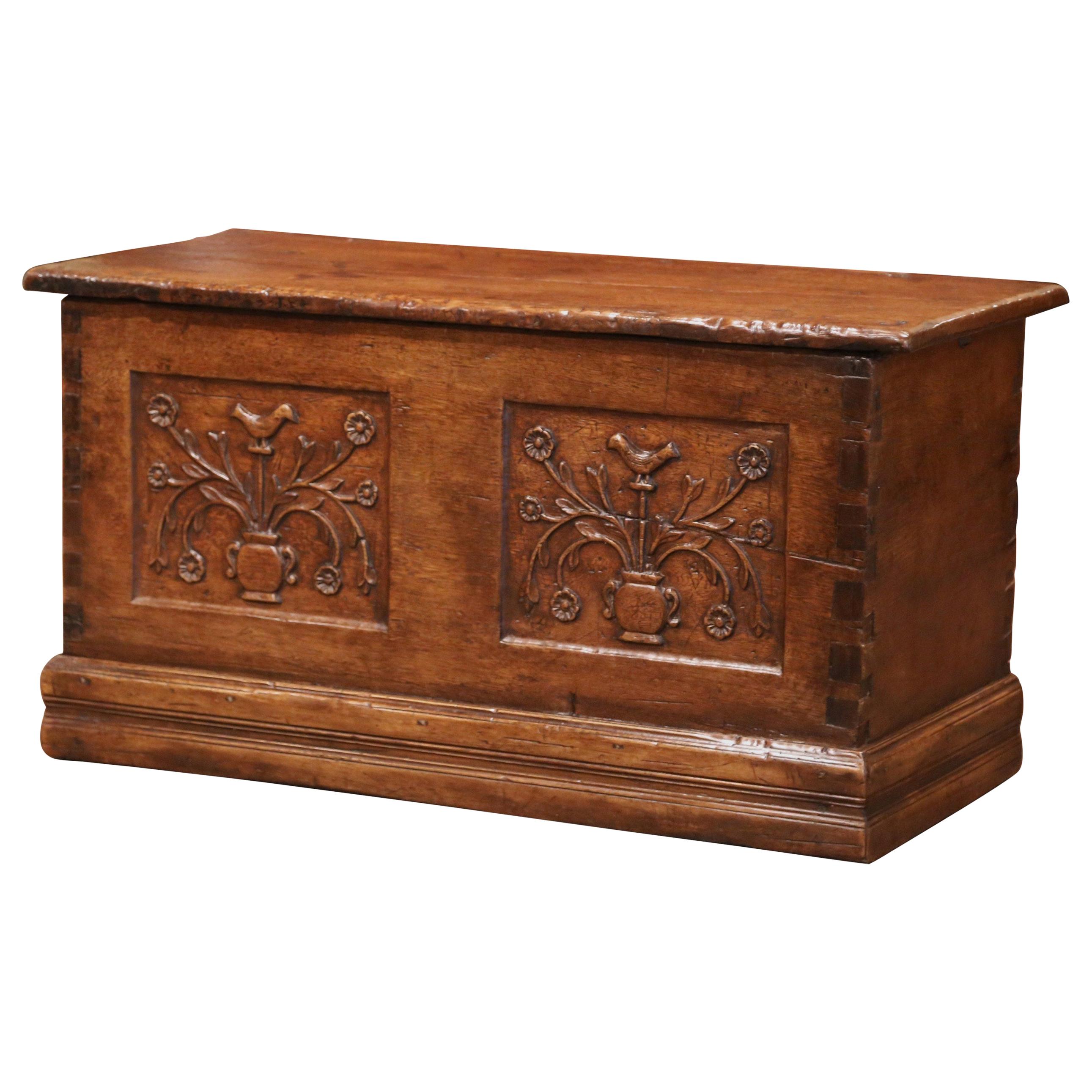 18th Century French Louis XIII Carved Chestnut Coffer Trunk from the Pyrenees