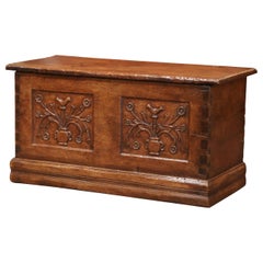 Antique 18th Century French Louis XIII Carved Chestnut Coffer Trunk from the Pyrenees