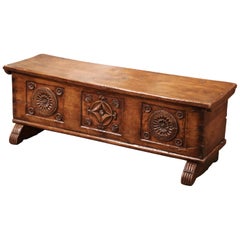 Antique 18th Century French Louis XIII Carved Chestnut Coffer Trunk from the Pyrenees