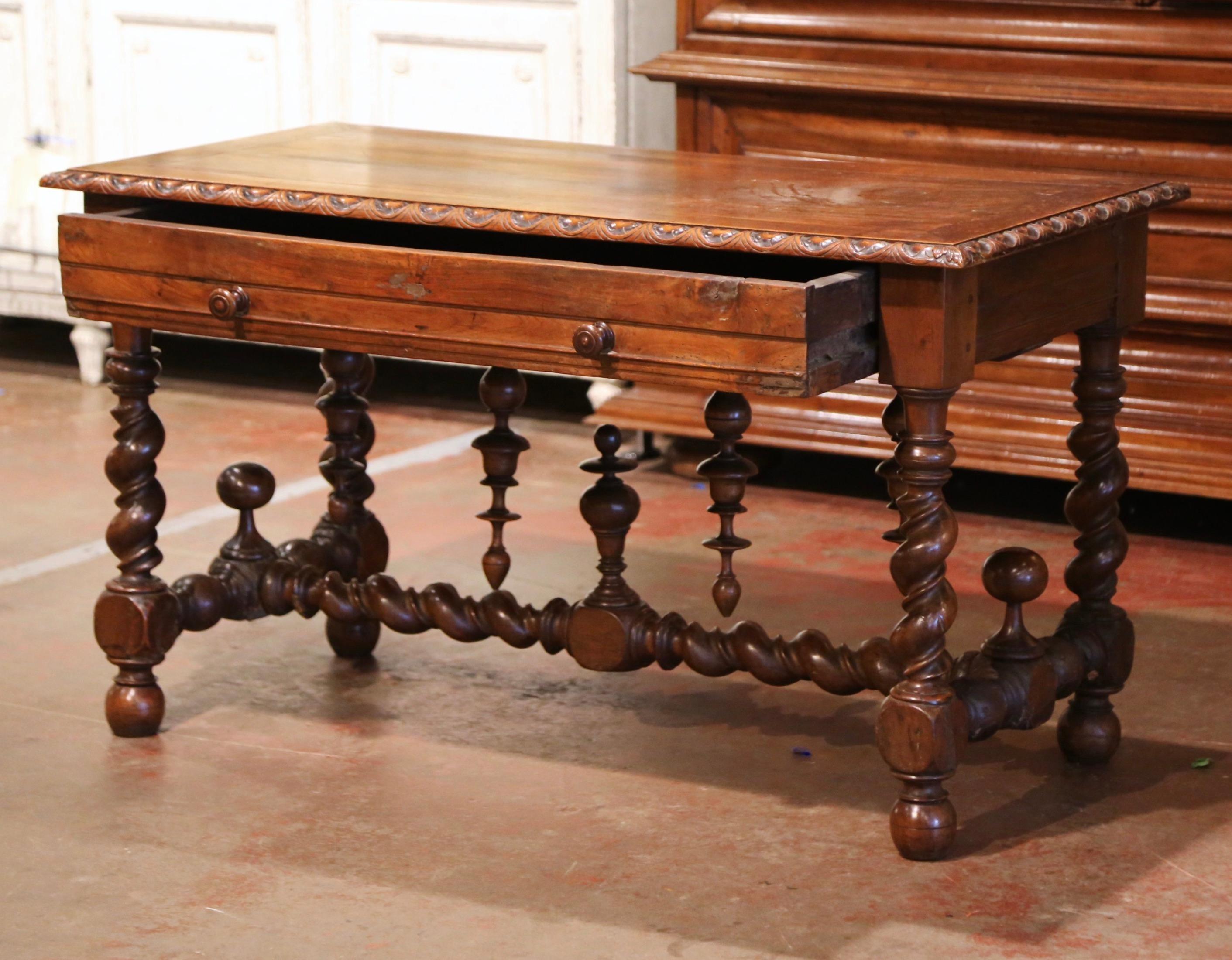 18th Century French Louis XIII Carved Oak Barley Twist Table Desk with Drawer 5