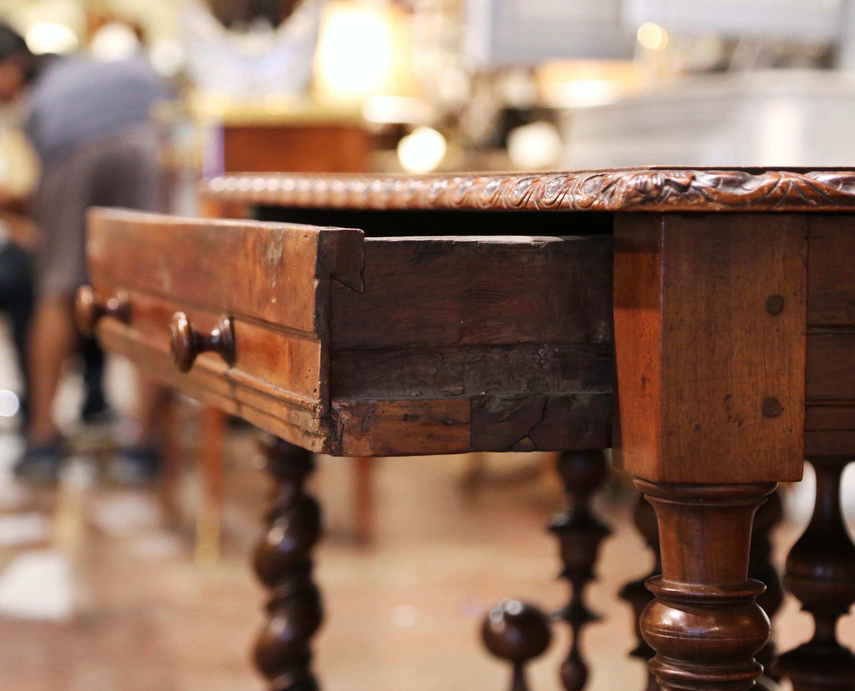 18th Century French Louis XIII Carved Oak Barley Twist Table Desk with Drawer 7