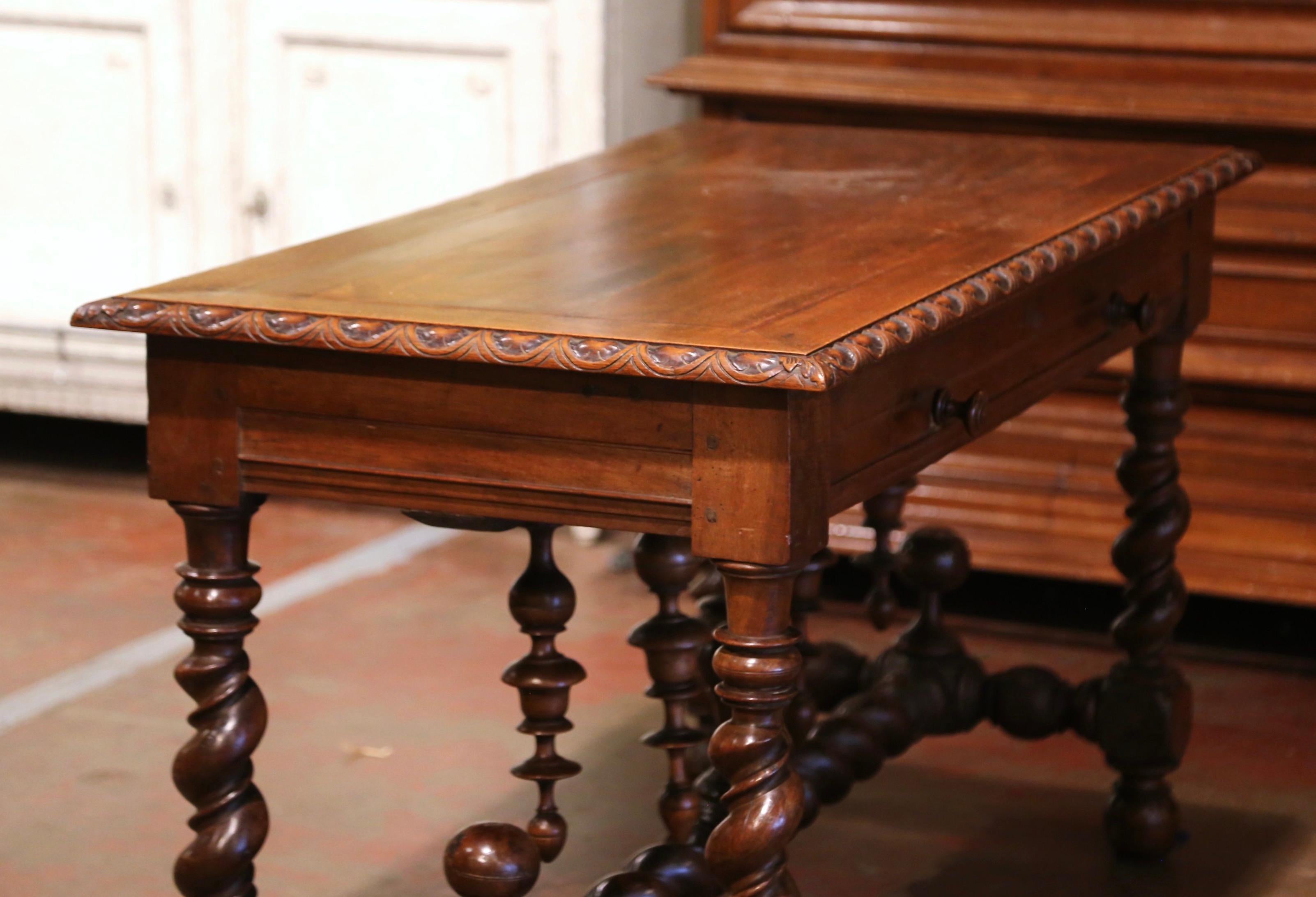18th Century French Louis XIII Carved Oak Barley Twist Table Desk with Drawer 10
