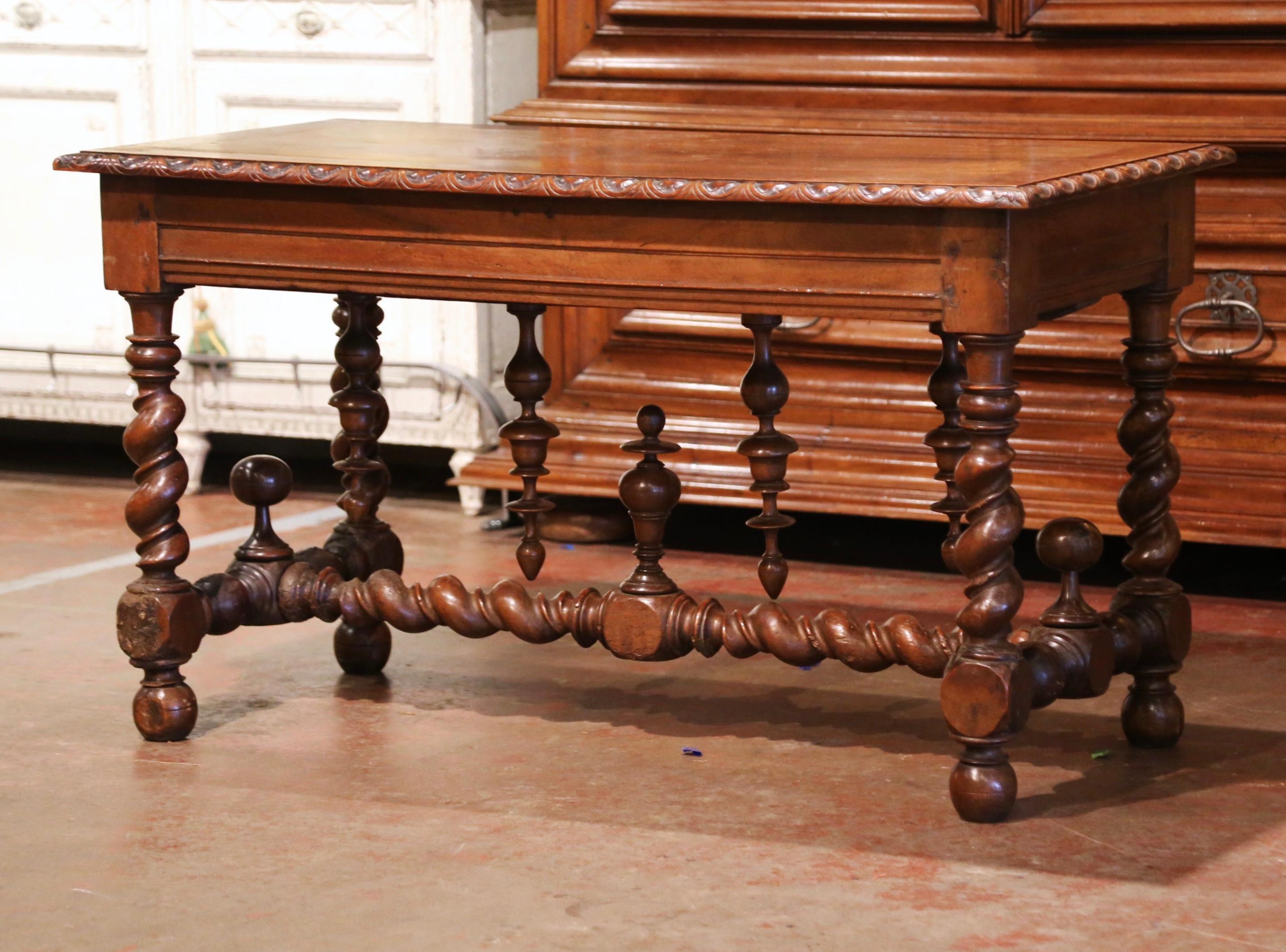 18th Century French Louis XIII Carved Oak Barley Twist Table Desk with Drawer 12
