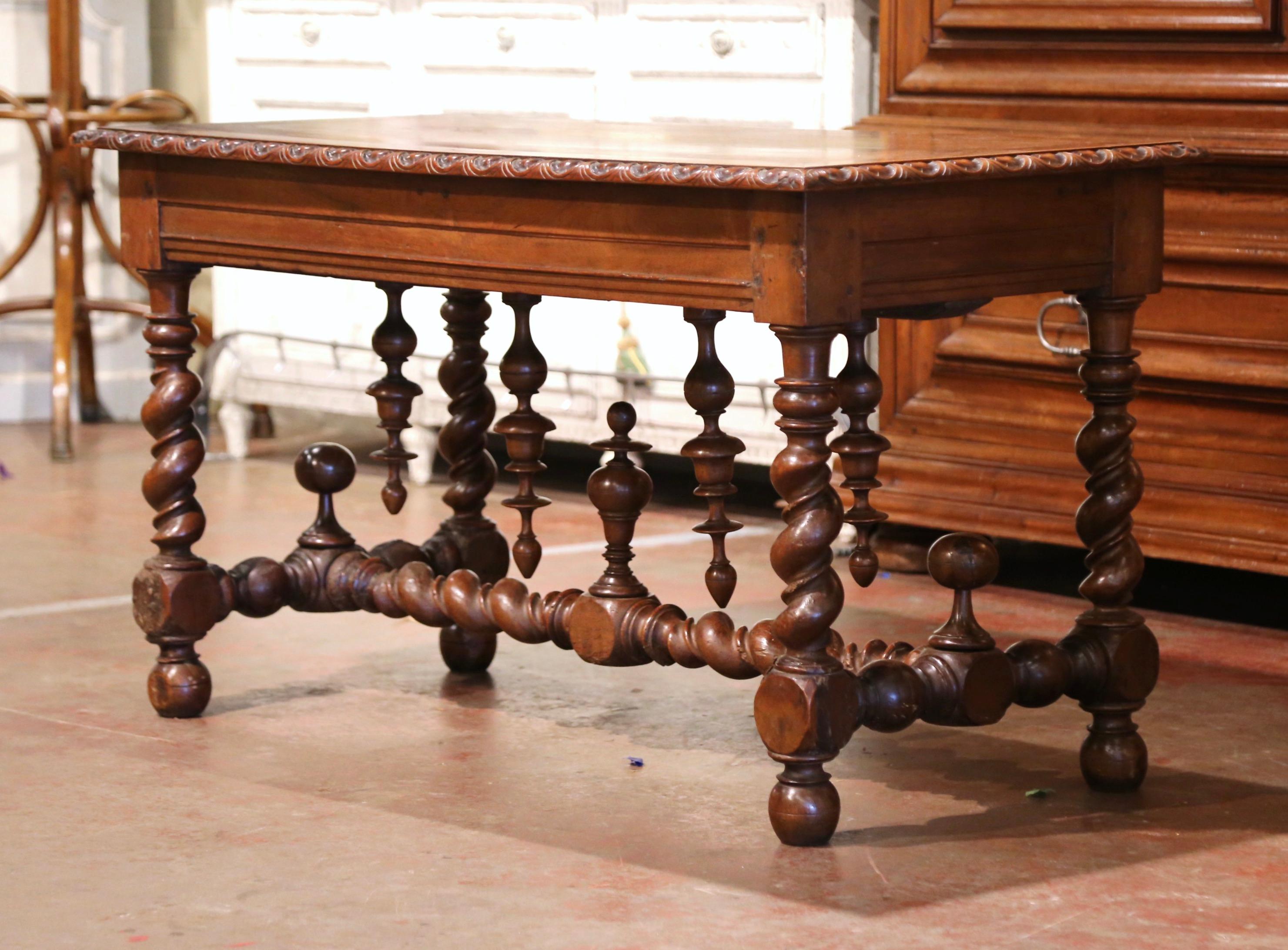 18th Century French Louis XIII Carved Oak Barley Twist Table Desk with Drawer 13