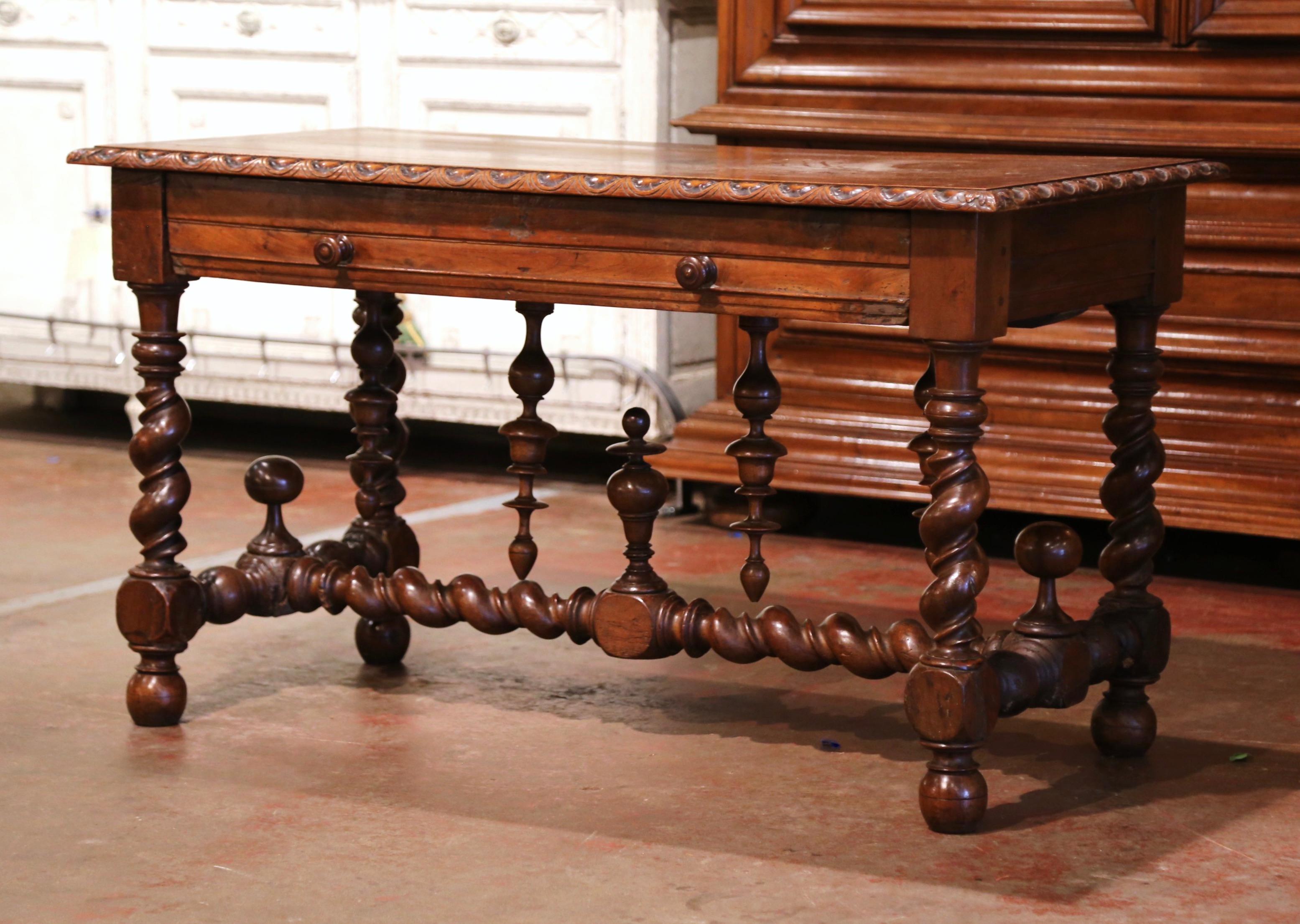 18th Century French Louis XIII Carved Oak Barley Twist Table Desk with Drawer In Excellent Condition In Dallas, TX