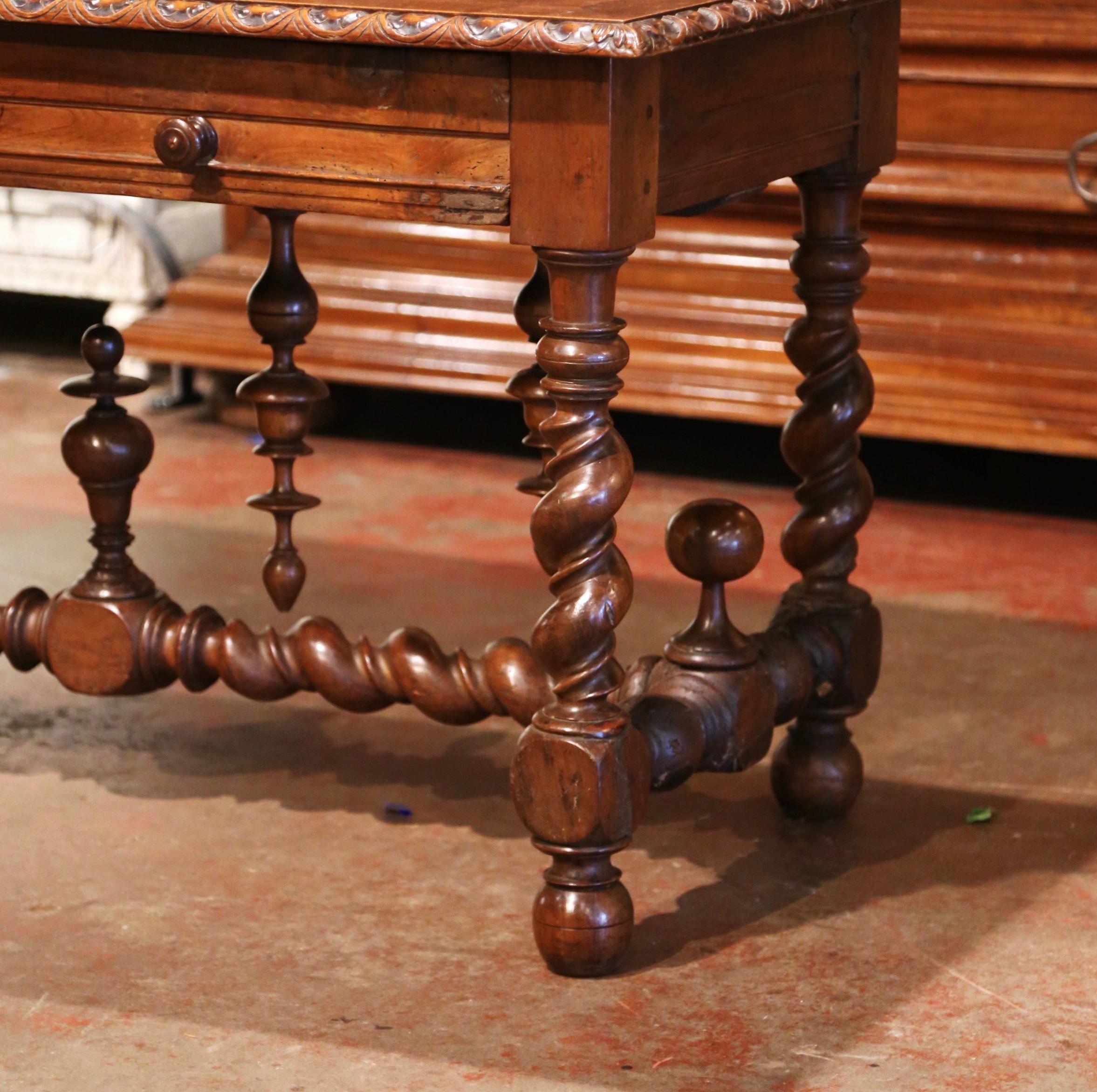 18th Century French Louis XIII Carved Oak Barley Twist Table Desk with Drawer 1