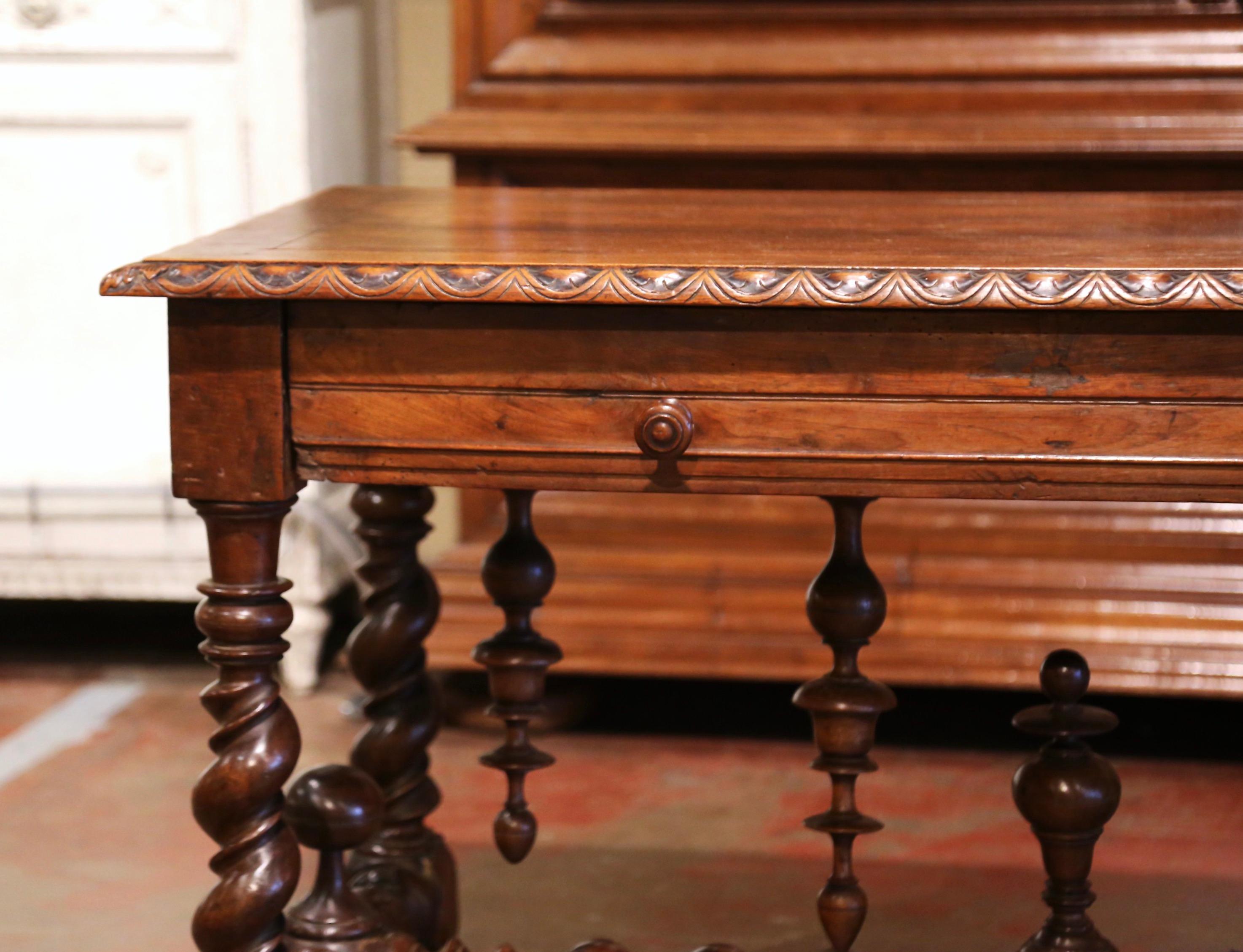 18th Century French Louis XIII Carved Oak Barley Twist Table Desk with Drawer 2