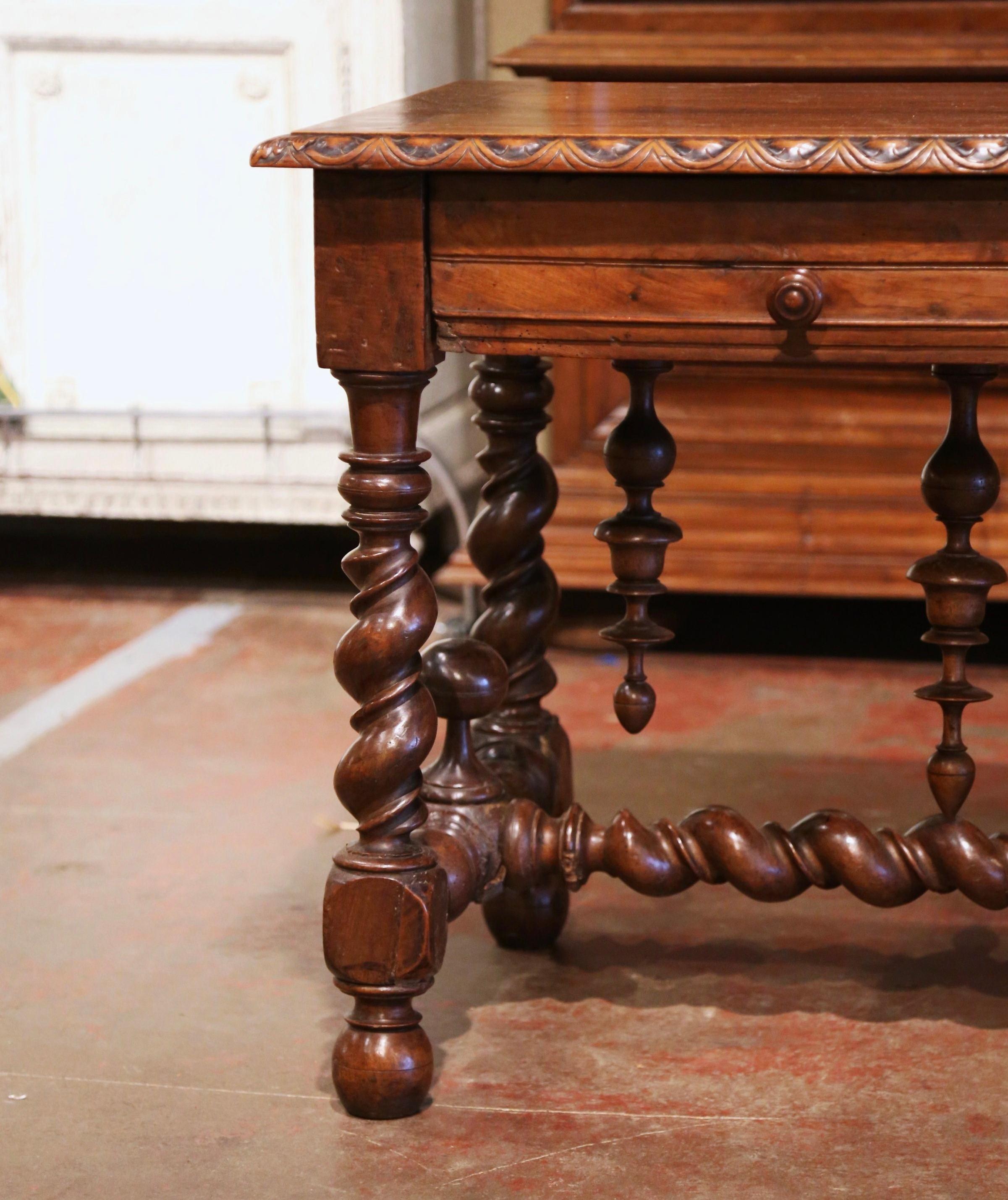 18th Century French Louis XIII Carved Oak Barley Twist Table Desk with Drawer 3