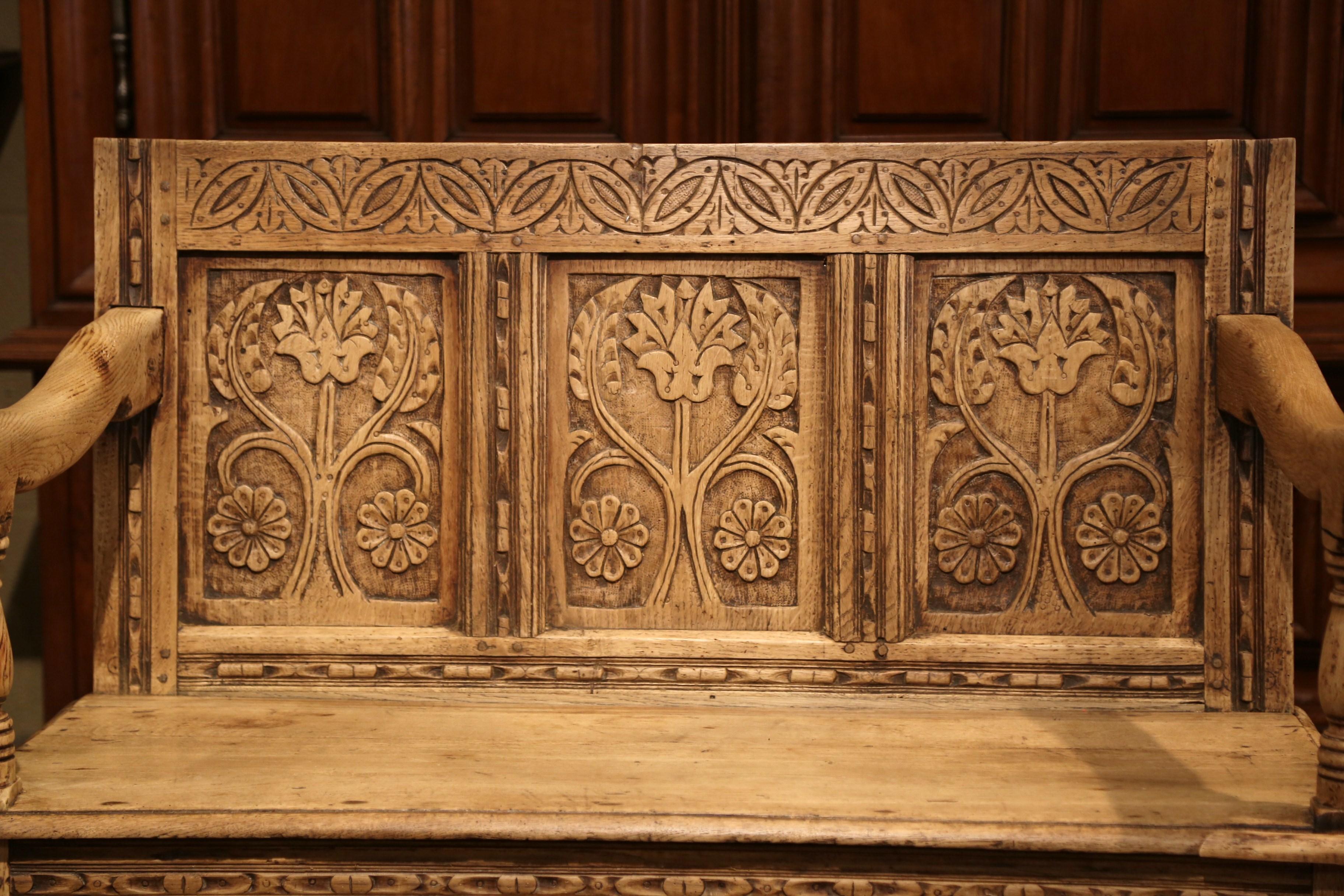 Hand-Carved 18th Century French Louis XIII Carved Oak Bench with Foliage Motif