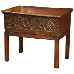 18th Century French Louis XIII Carved Oak Trunk Side Table with Fleurs De Lys
