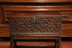 18th Century, French, Louis XIII Carved Oak Trunk Side Table with Floral Decor