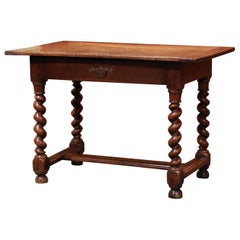 18th Century, French, Louis XIII Carved Walnut Barley Twist Side Table Desk