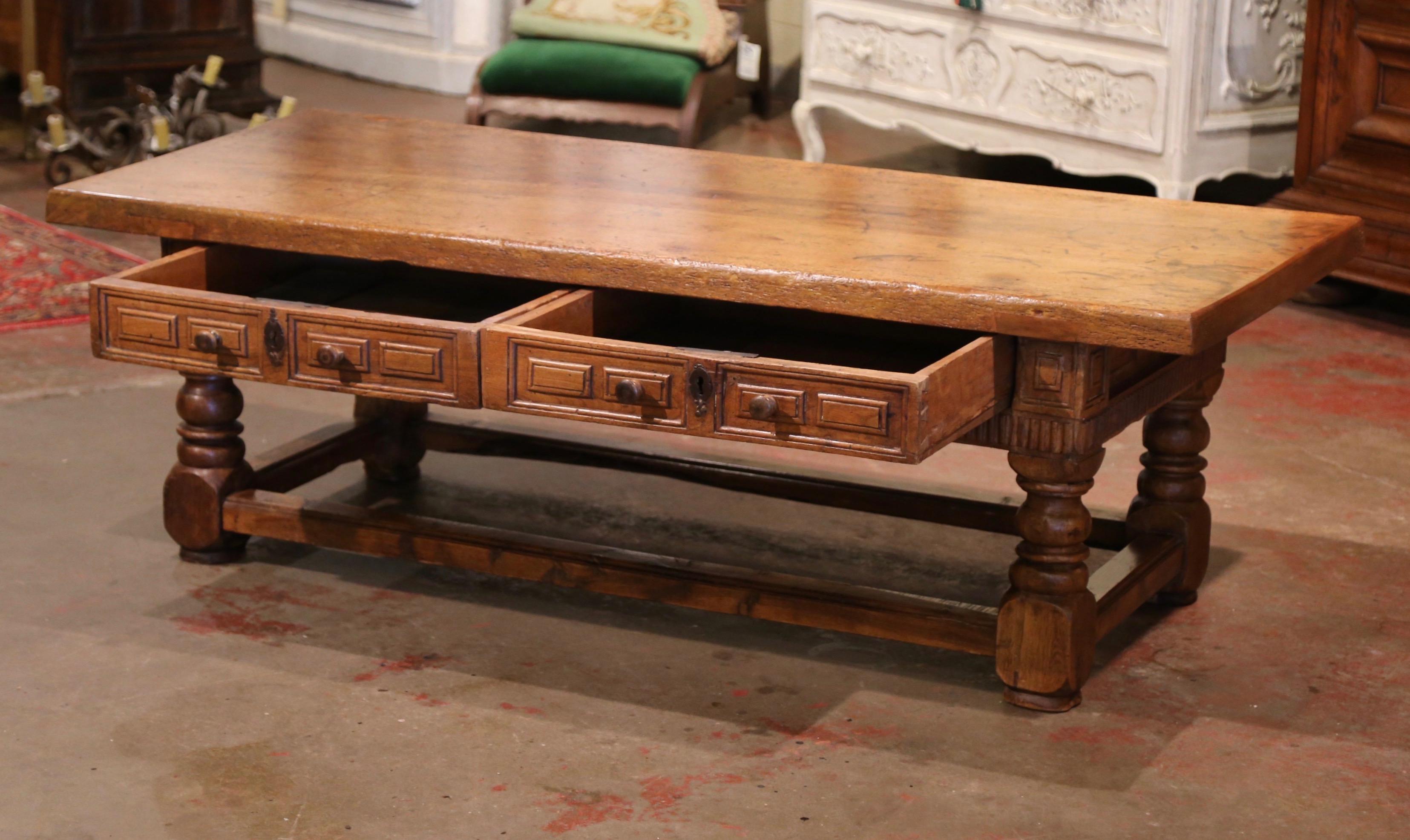 Patinated 18th Century French Louis XIII Carved Walnut Coffee Table with Drawers