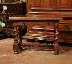 18th Century, French, Louis XIII Carved Walnut Table Desk with Barley Twist Legs