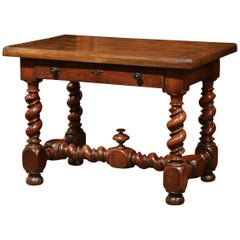 18th Century, French, Louis XIII Carved Walnut Table Desk with Barley Twist Legs