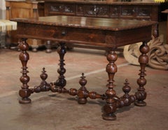 18th Century French Louis XIII Carved Walnut Turned-Leg Side Table with Drawer