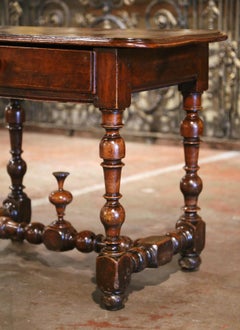 18th Century French Louis XIII Carved Walnut Turned-Leg Side Table with Drawer
