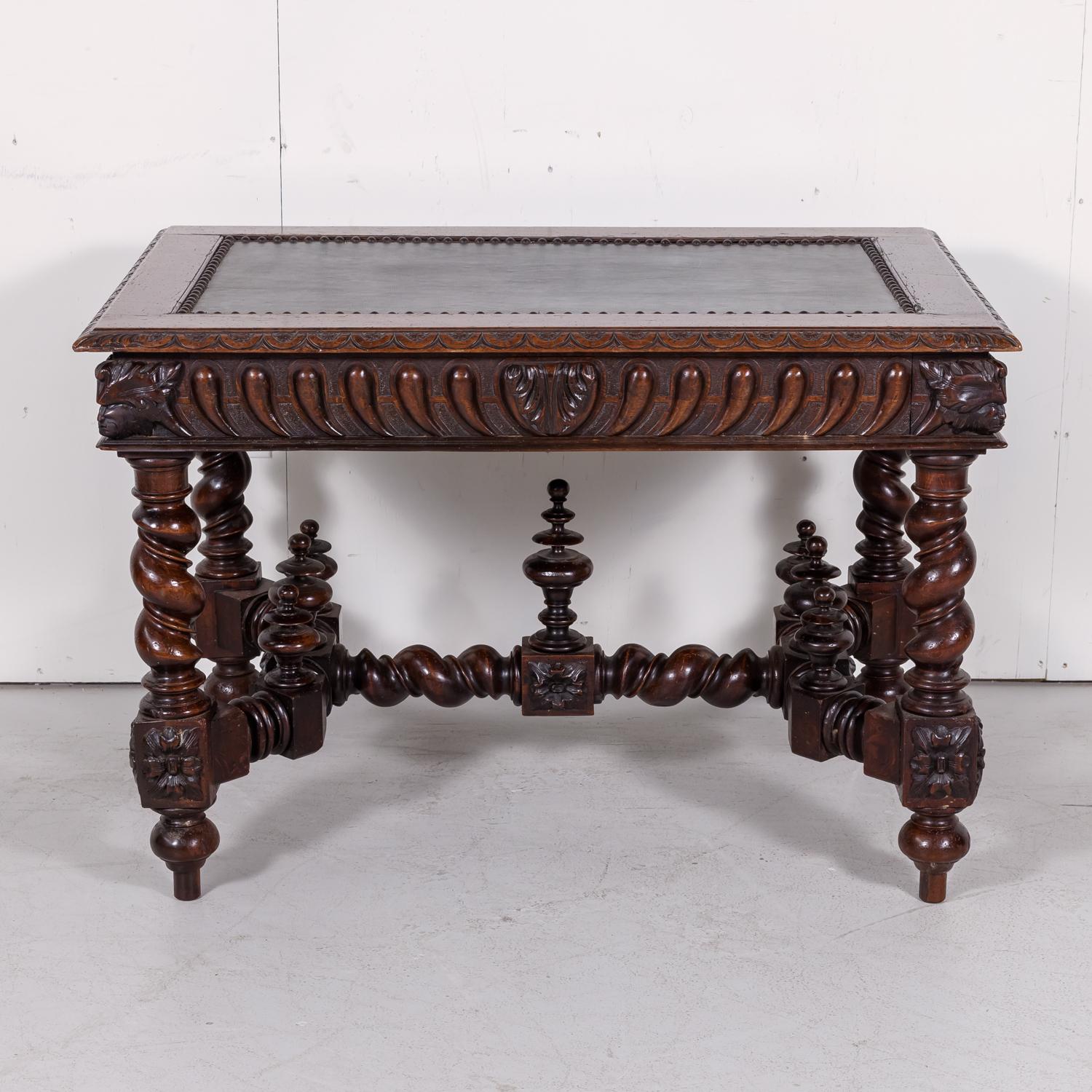 18th Century French Louis XIII Style Barley Twist Desk with Green Leather Top For Sale 9