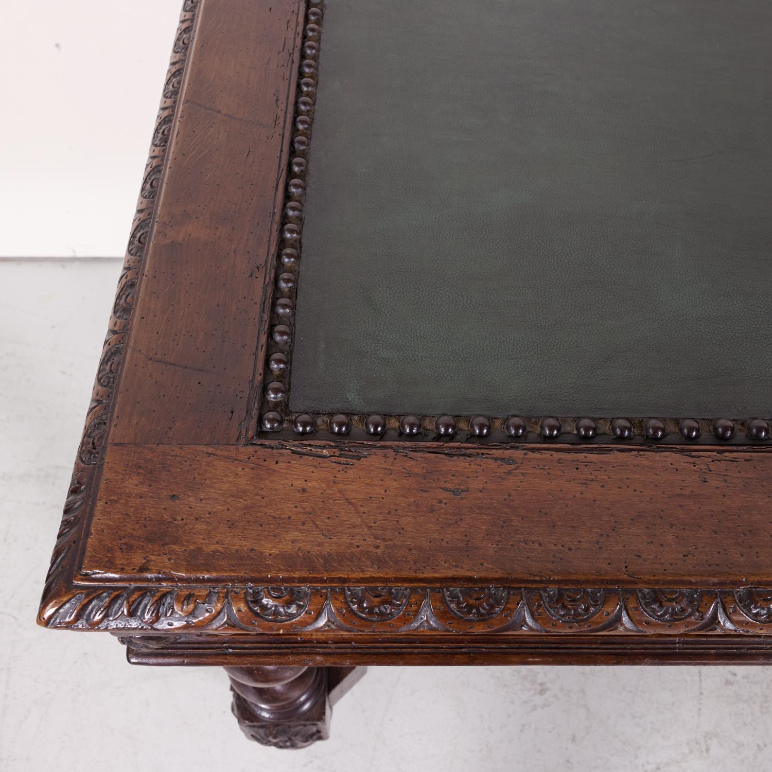 18th Century French Louis XIII Style Barley Twist Desk with Green Leather Top For Sale 2