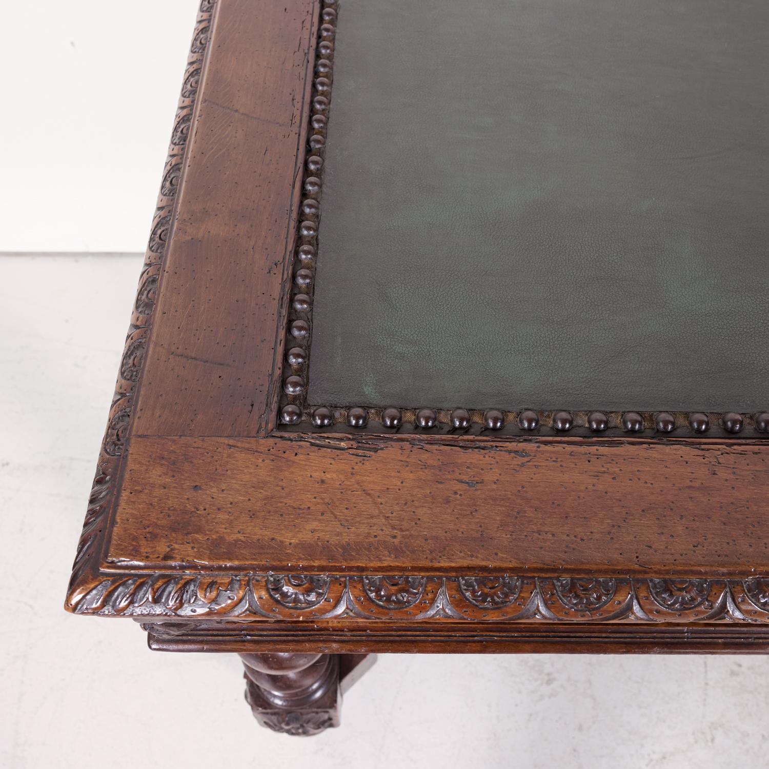 18th Century French Louis XIII Style Barley Twist Desk with Green Leather Top For Sale 3