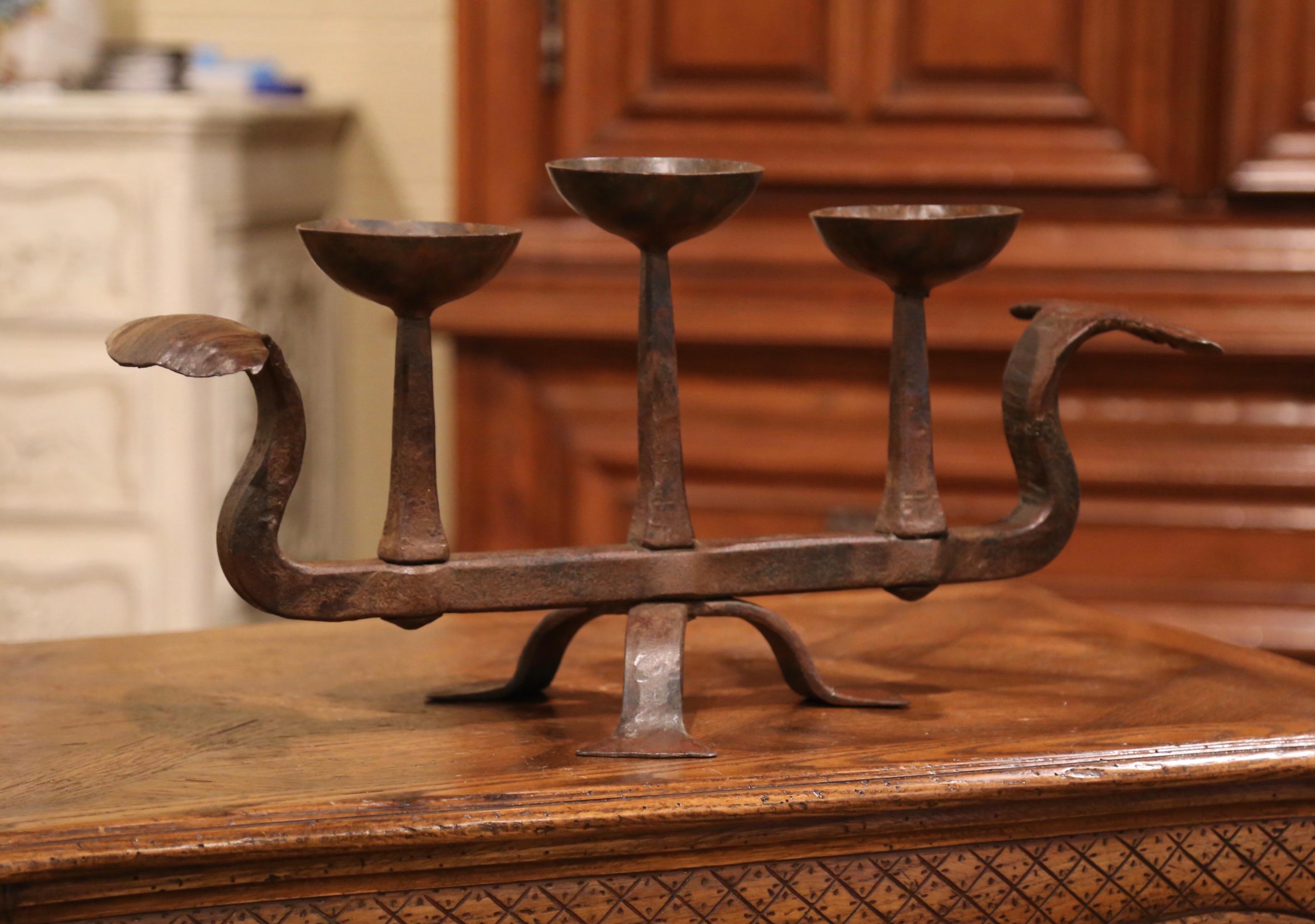 18th Century French Louis XIII Wrought Iron Three-Light Candelabra In Excellent Condition In Dallas, TX
