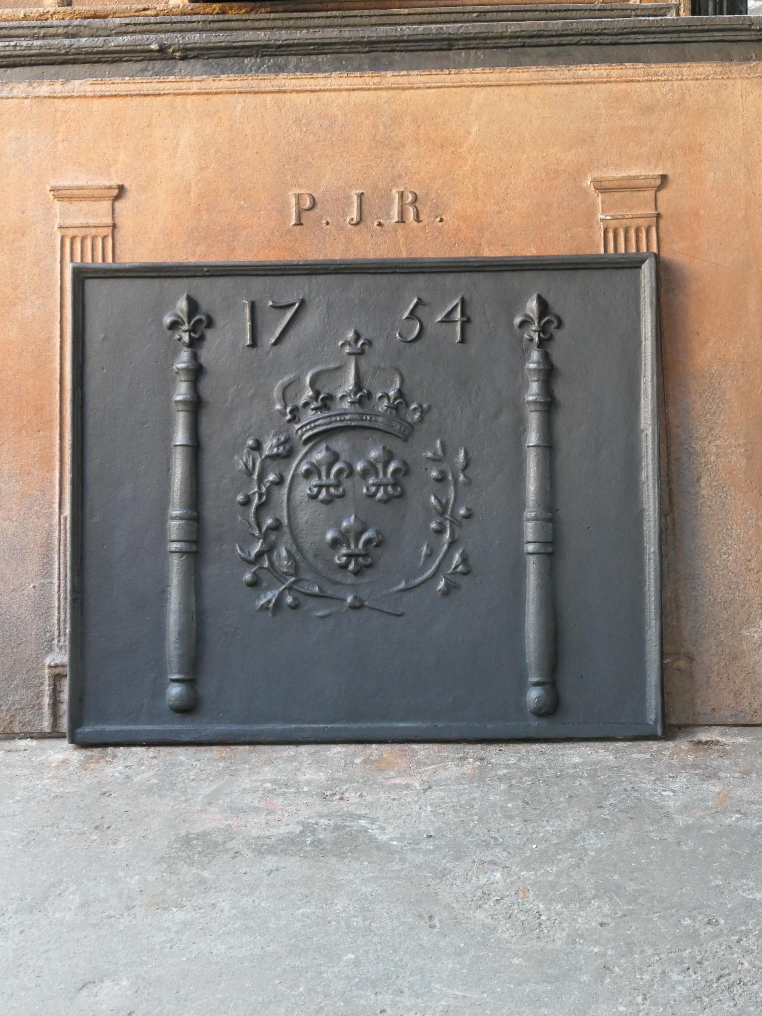 Cast 18th Century French Louis XIV 'Arms of France' Fireback / Backsplash, Dated 1754 For Sale