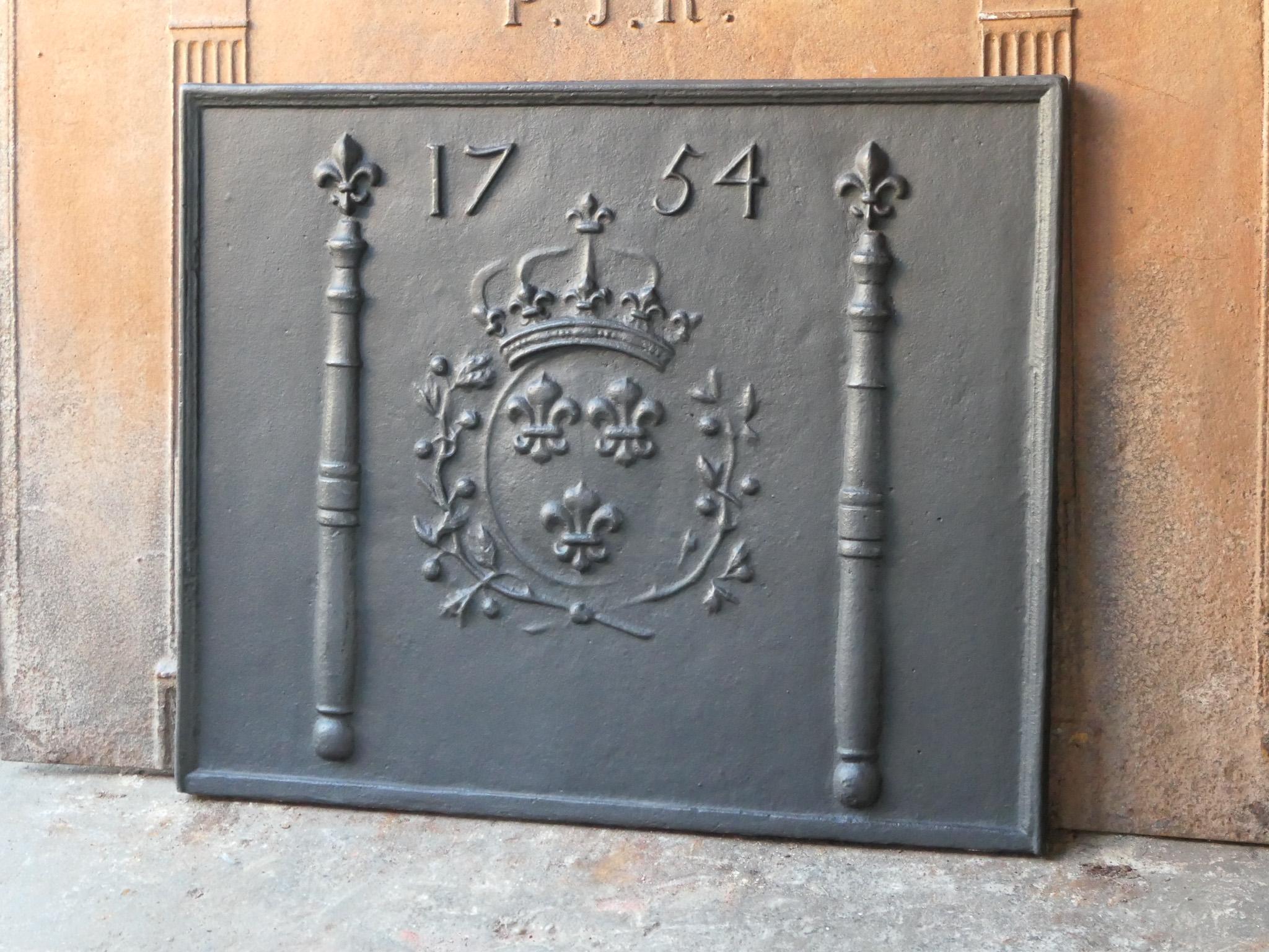 Iron 18th Century French Louis XIV 'Arms of France' Fireback / Backsplash, Dated 1754 For Sale