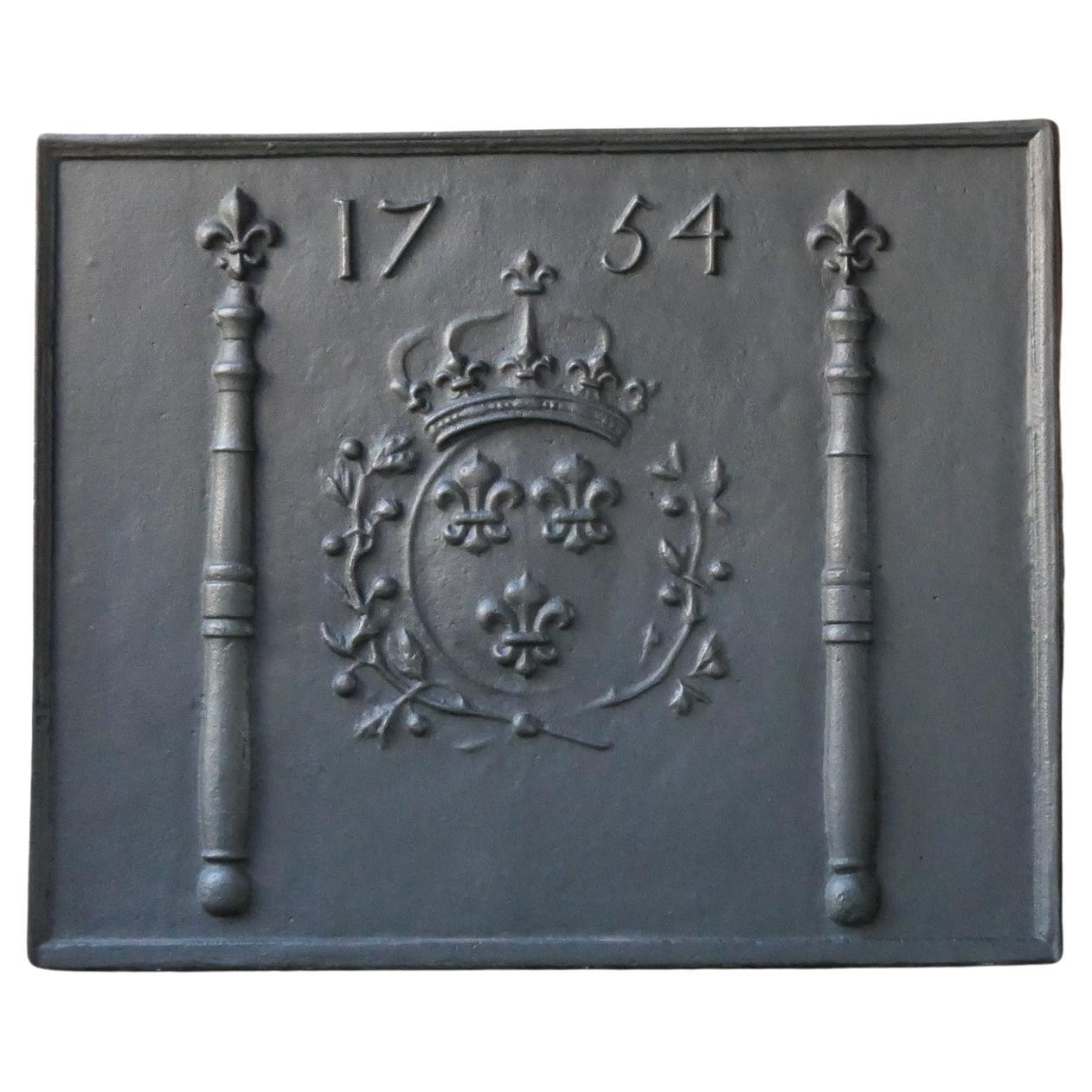 18th Century French Louis XIV 'Arms of France' Fireback / Backsplash, Dated 1754