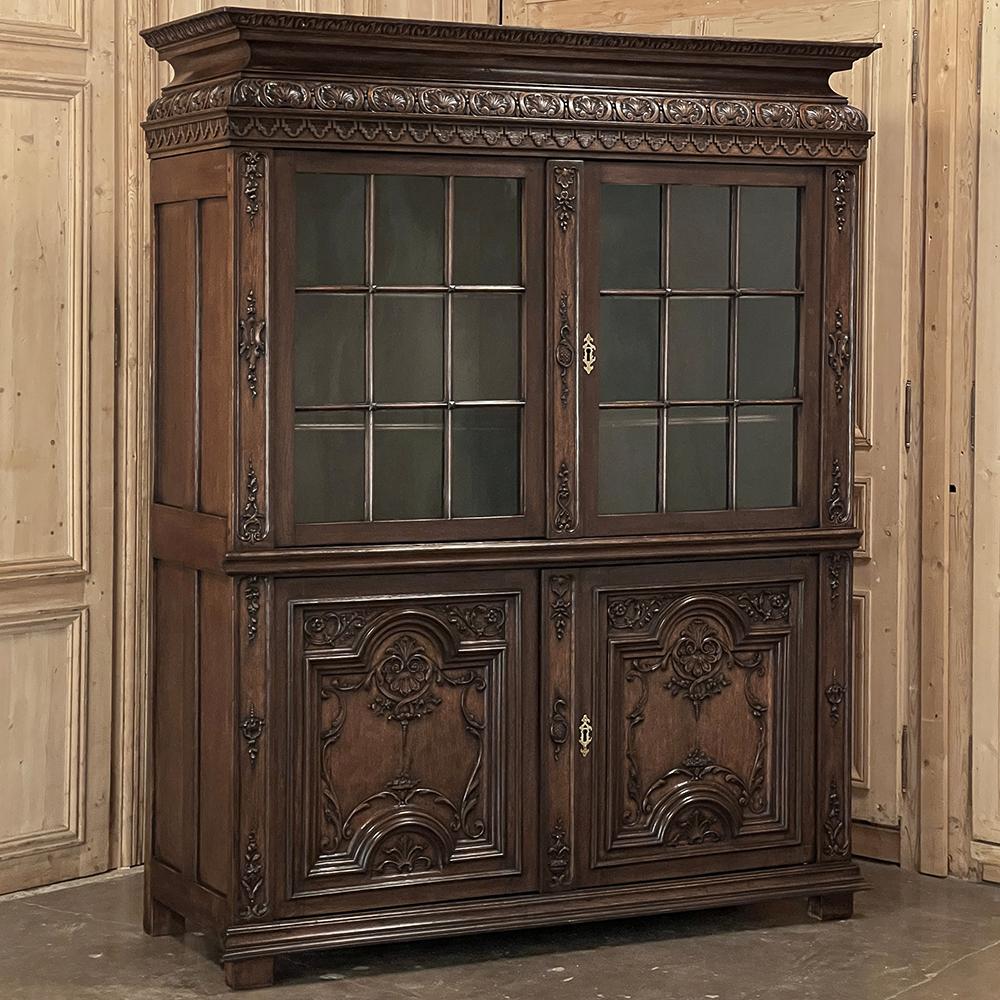 18th Century French Louis XIV Bookcase ~ Bibliotheque is resplendent with artfully sculpted bas relief across its entire facade!  This superlative instant family heirloom is sized to sufficiently display almost any prized heirlooms, collection, or
