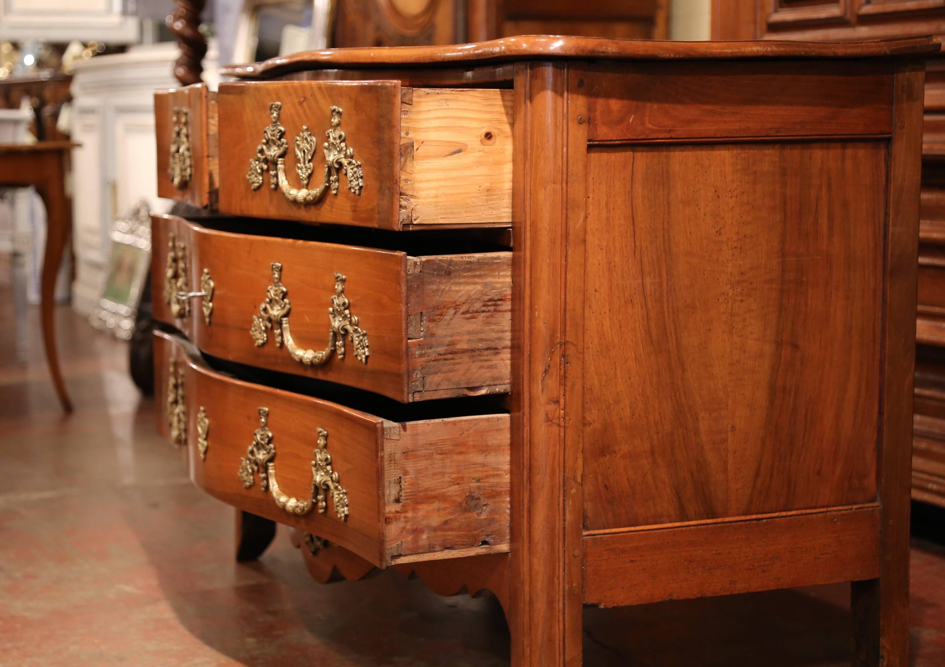 Bronze 18th Century French Louis XIV Carved Walnut Four-Drawer Chest Commode  For Sale