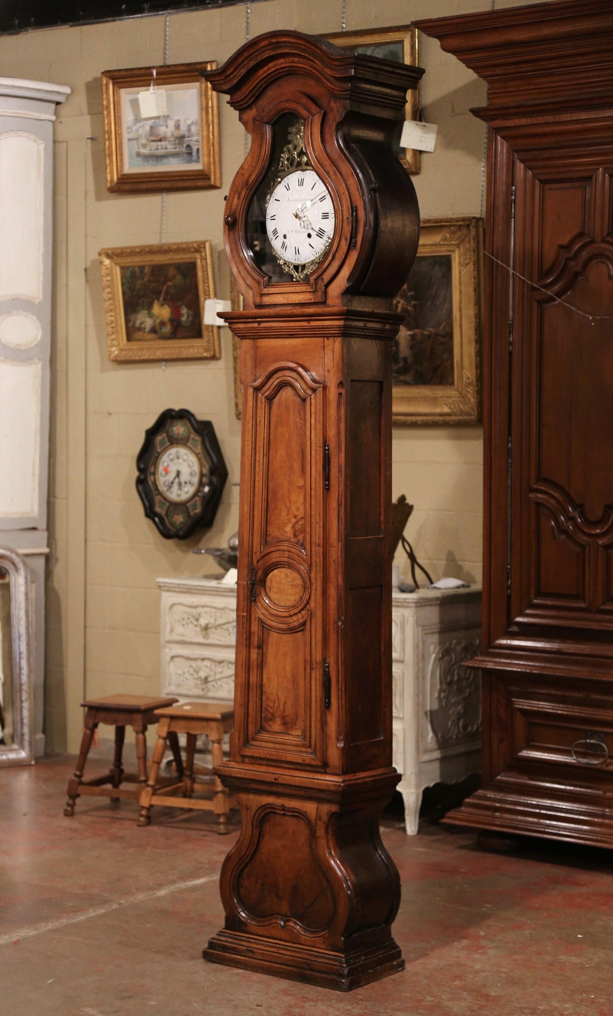 Brass 18th Century French Louis XIV Carved Walnut Tall Case Clock from Lyon