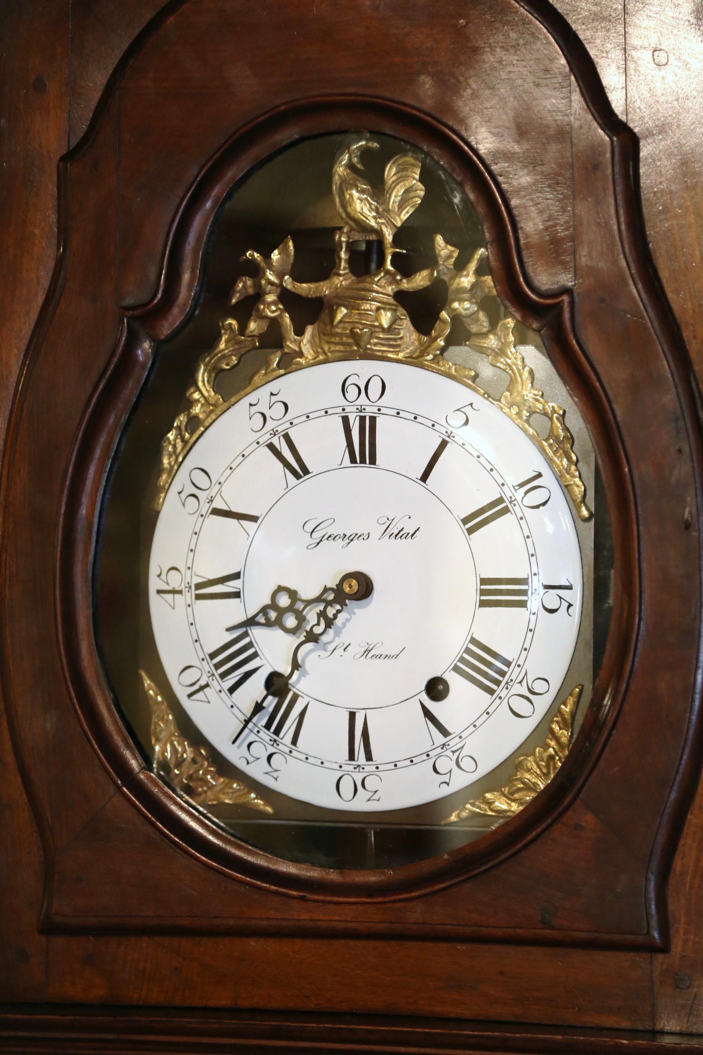 Hand-Carved 18th Century French Louis XIV Carved Walnut Tall Case Clock with Rooster For Sale