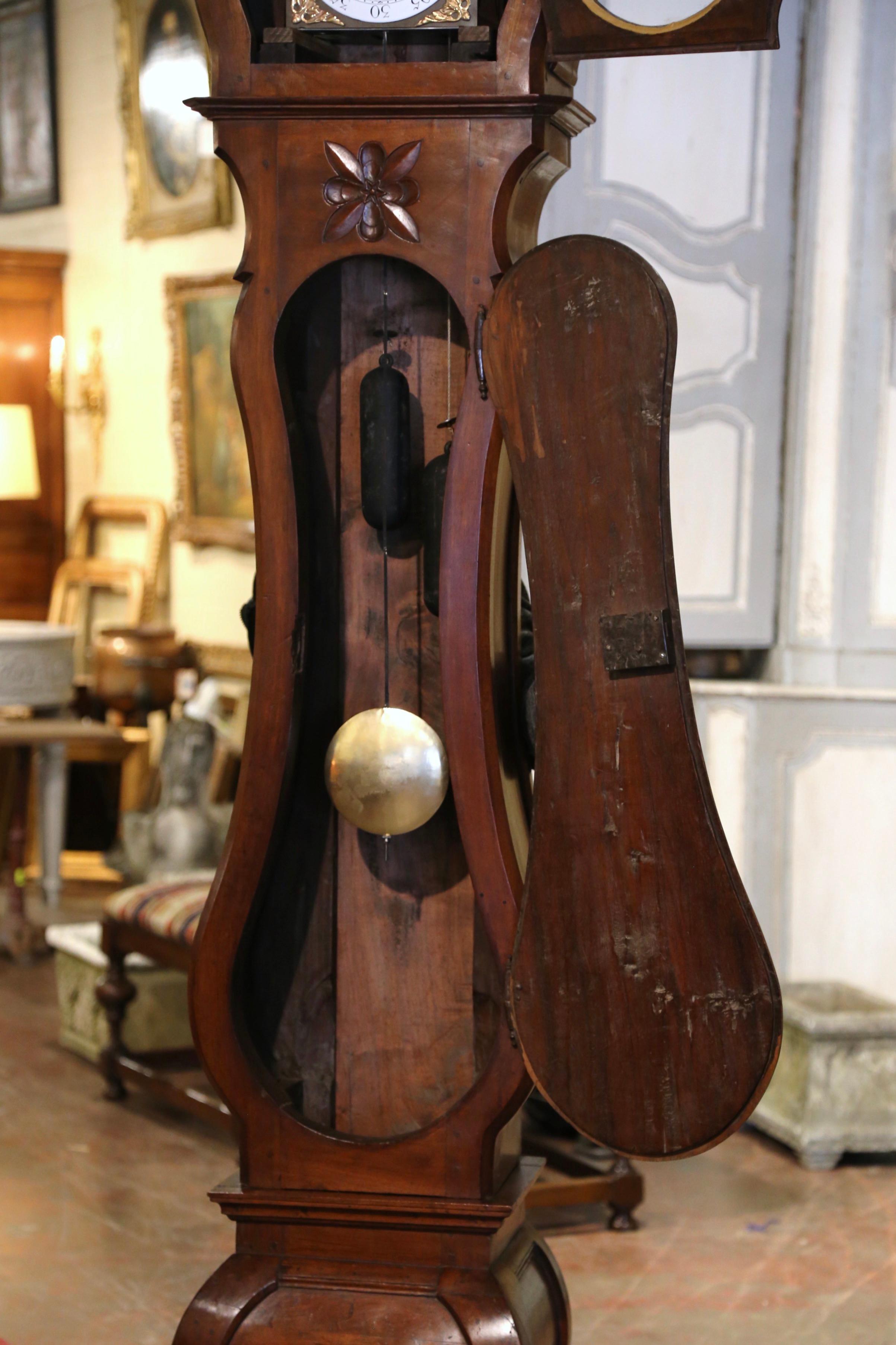 Brass 18th Century French Louis XIV Carved Walnut Tall Case Clock with Rooster For Sale