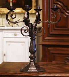 18th Century French Louis XIV Polished Wrought Iron Four-Light Candelabra
