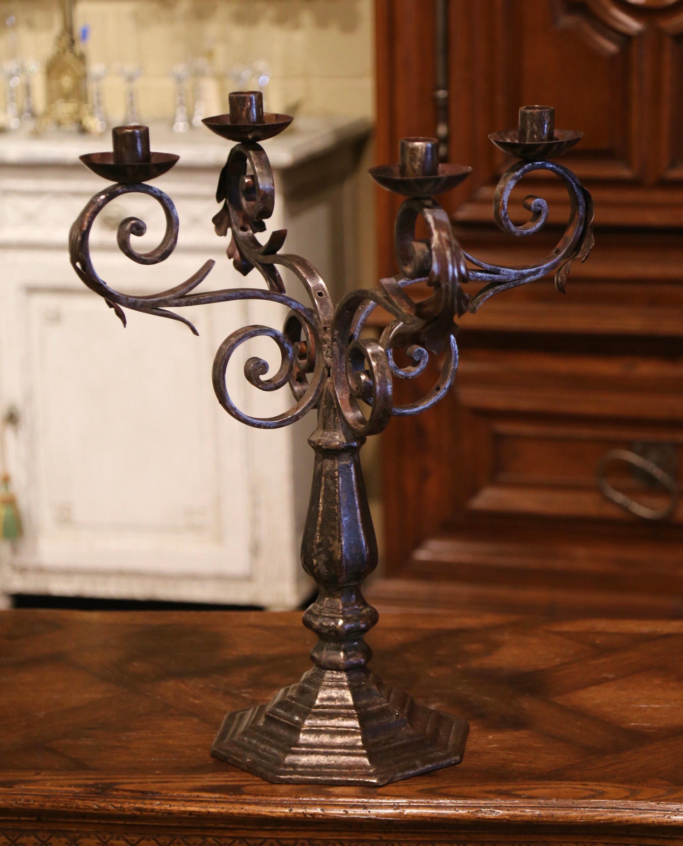 18th Century French Louis XIV Polished Wrought Iron Four-Light Candelabra In Excellent Condition For Sale In Dallas, TX