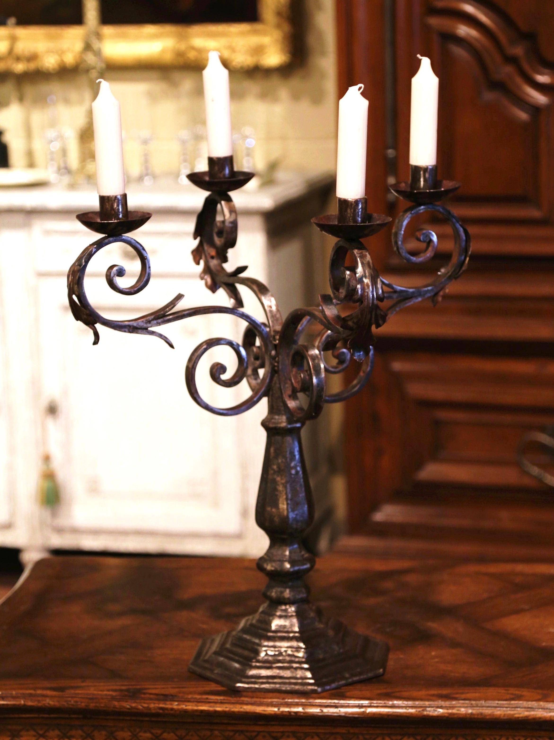 18th Century French Louis XIV Polished Wrought Iron Four-Light Candelabra For Sale 1