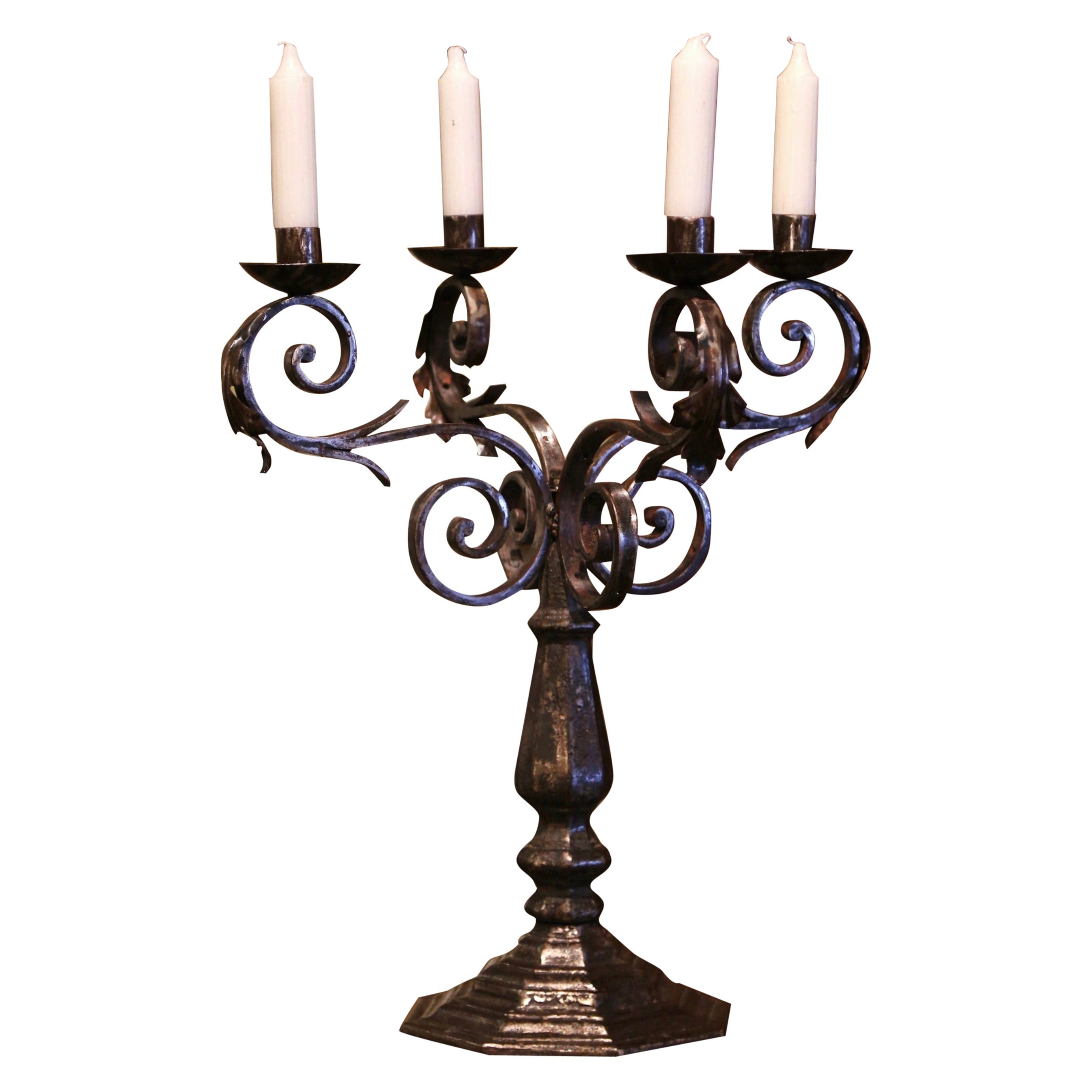 18th Century French Louis XIV Wrought Iron Four-Light Candelabra For Sale